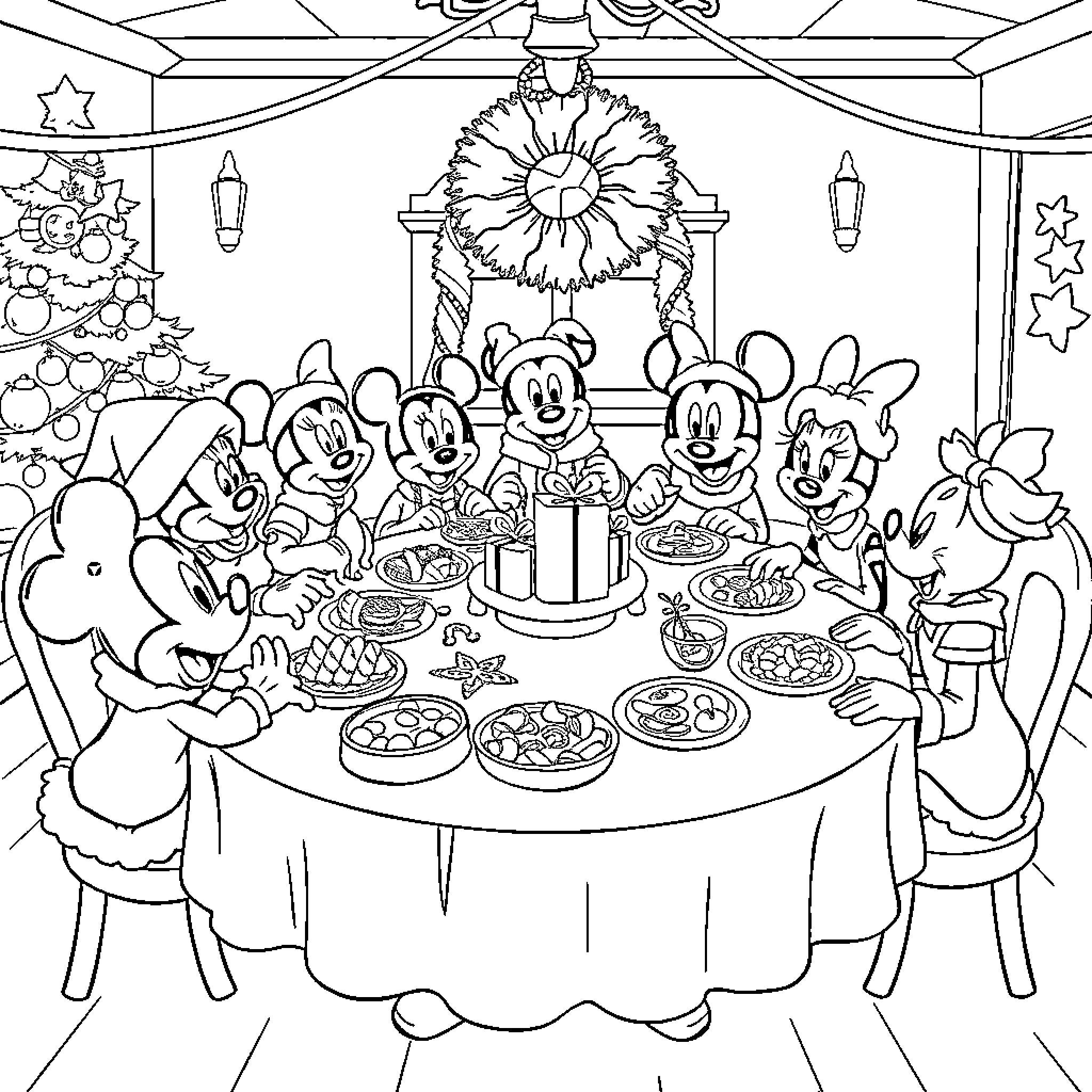 Disney Characters Enjoying a Holiday Feast Together Coloring Page (free black-and-white line drawing printable PDF for all, from beginners to advanced learners, including children, teens, adults, and seniors)