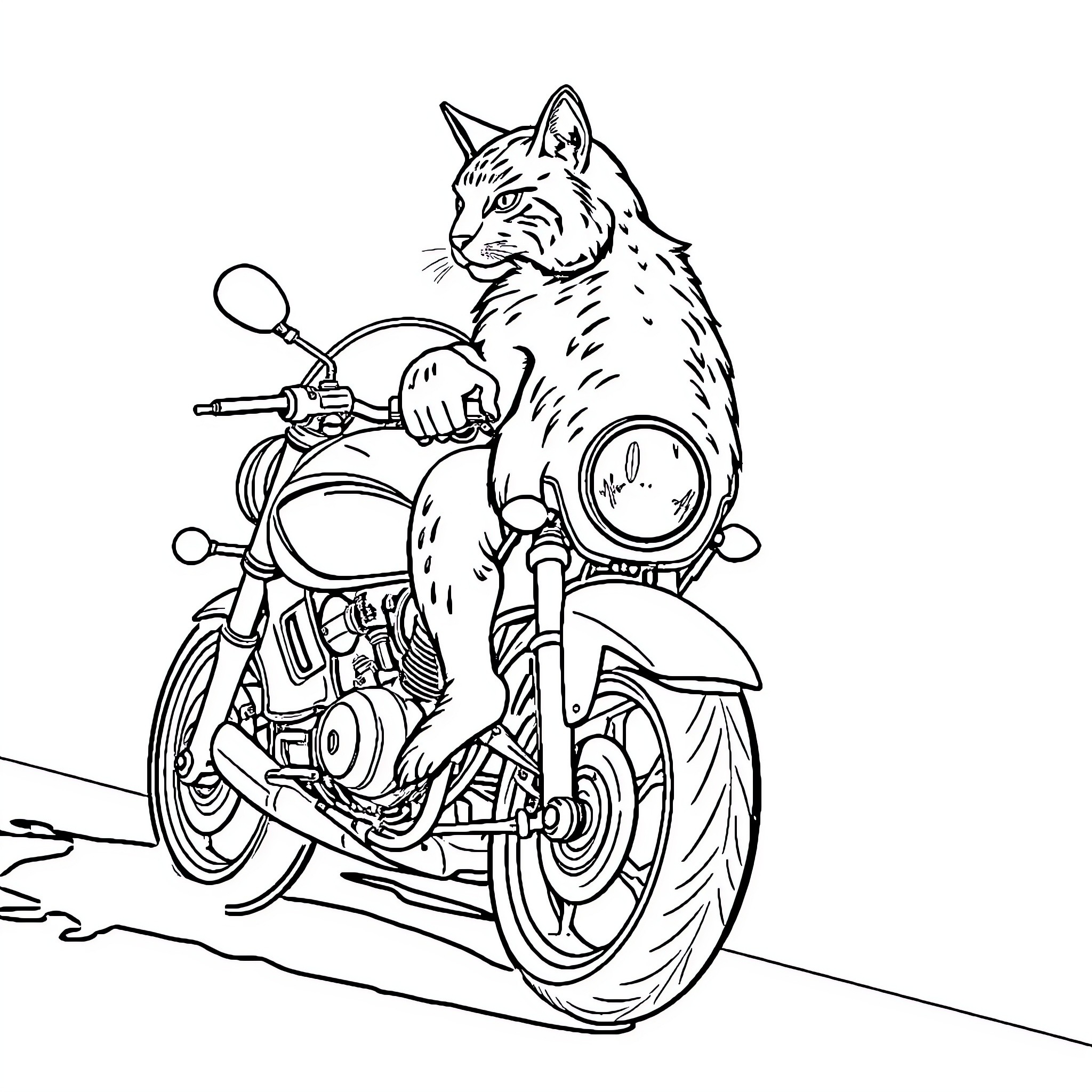 Leonberger riding a motorcycle Coloring Page (free black-and-white line drawing printable PDF for all, from beginners to advanced learners, including children, teens, adults, and seniors)