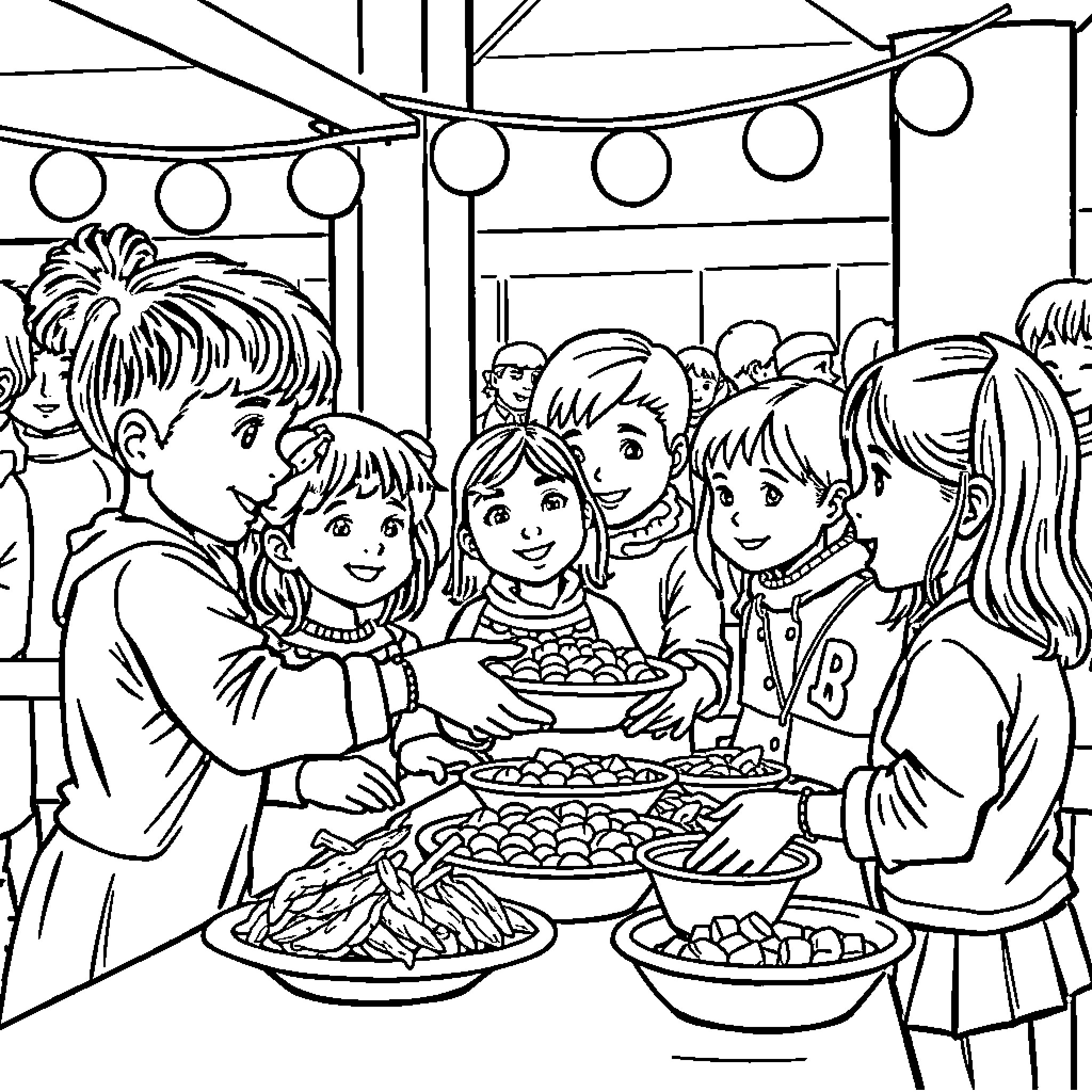 Kid friends enjoying a party together Coloring Page (free black-and-white line drawing printable PDF for all, from beginners to advanced learners, including children, teens, adults, and seniors)