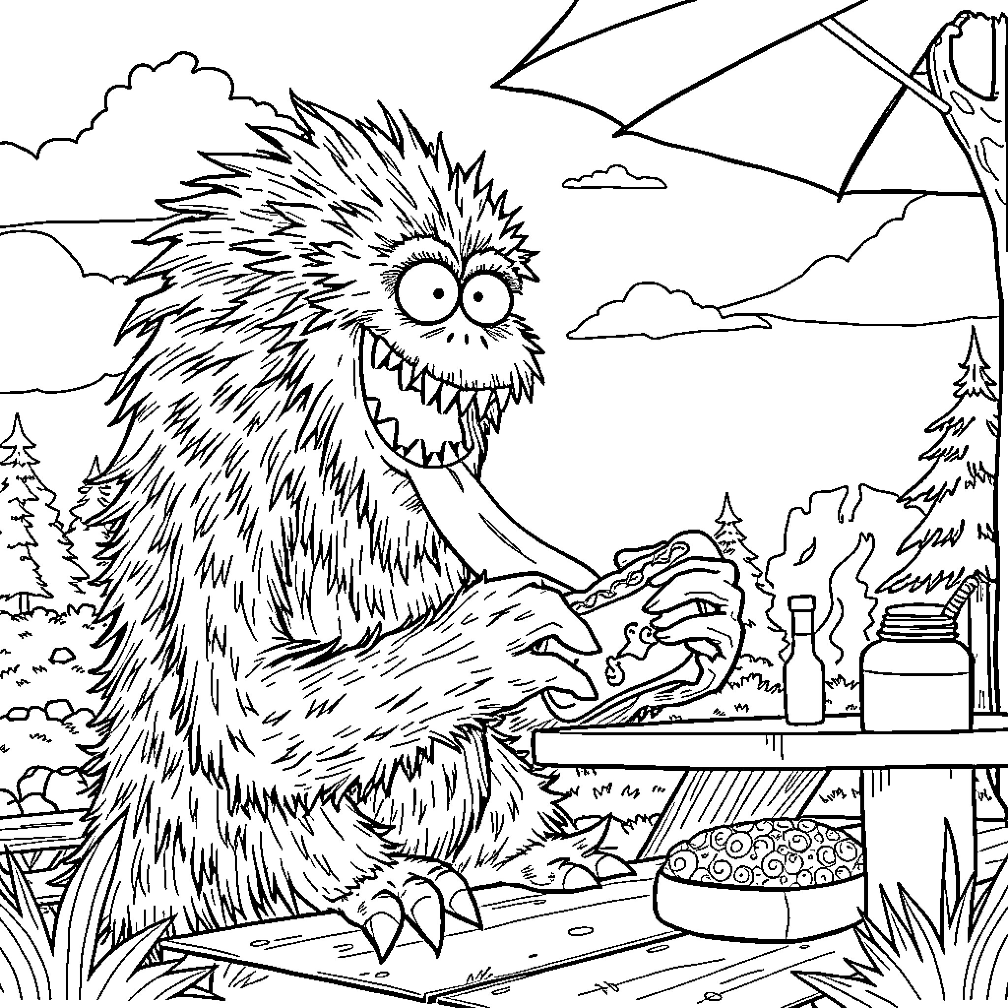Grafton Monster enjoying a picnic in the wilderness Coloring Page (free black-and-white line drawing printable PDF for all, from beginners to advanced learners, including children, teens, adults, and seniors)
