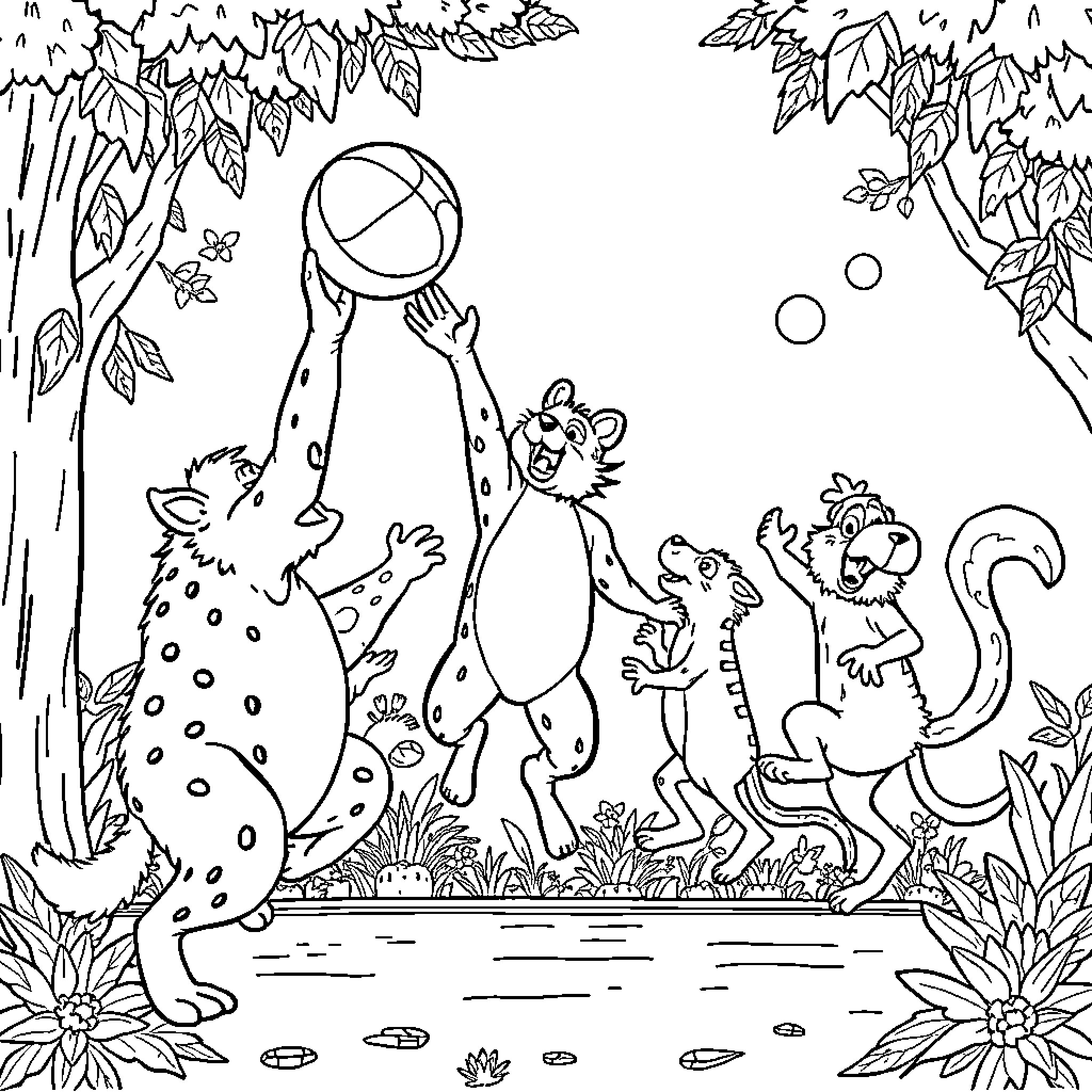 Animals playing ball in the forest Coloring Page (free black-and-white line drawing printable PDF for all, from beginners to advanced learners, including children, teens, adults, and seniors)