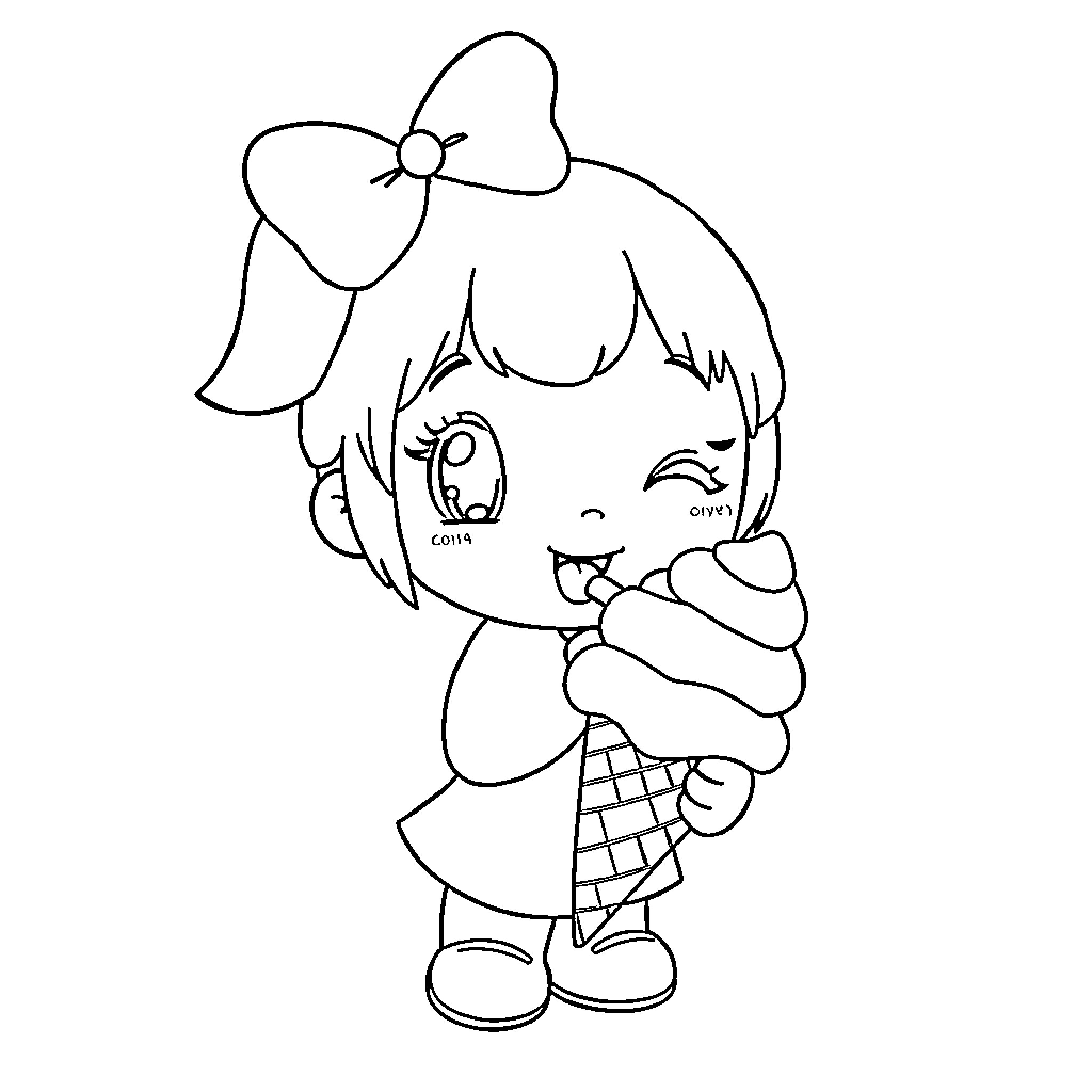 My Melody Eating Ice Cream Happily Coloring Page (free black-and-white line drawing printable PDF for all, from beginners to advanced learners, including children, teens, adults, and seniors)