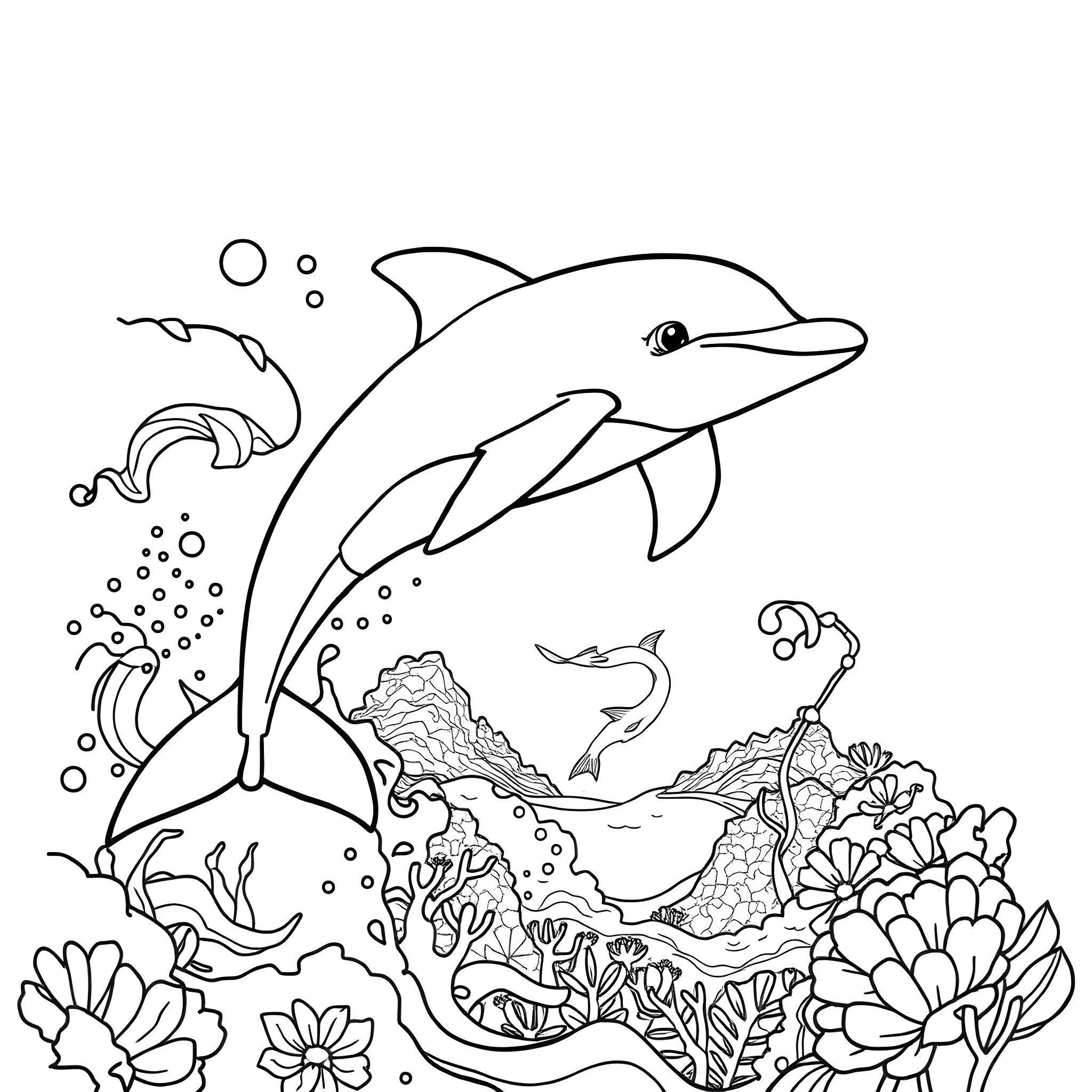 Dolphin swimming in the ocean with marine plants Coloring Page (free black-and-white line drawing printable PDF for all, from beginners to advanced learners, including children, teens, adults, and seniors)