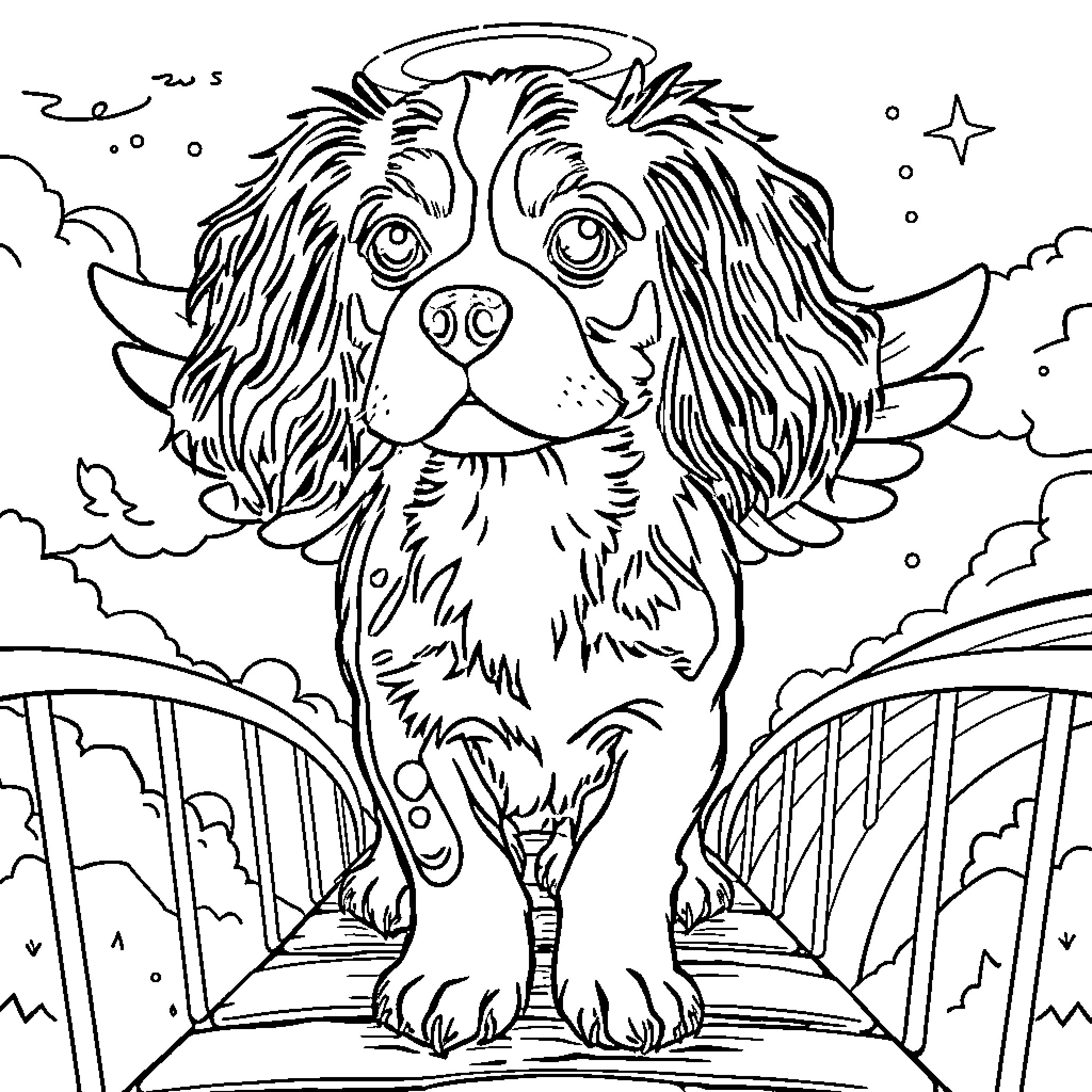King Charles Cavalier Spaniel angel in the night Coloring Page (free black-and-white line drawing printable PDF for all, from beginners to advanced learners, including children, teens, adults, and seniors)