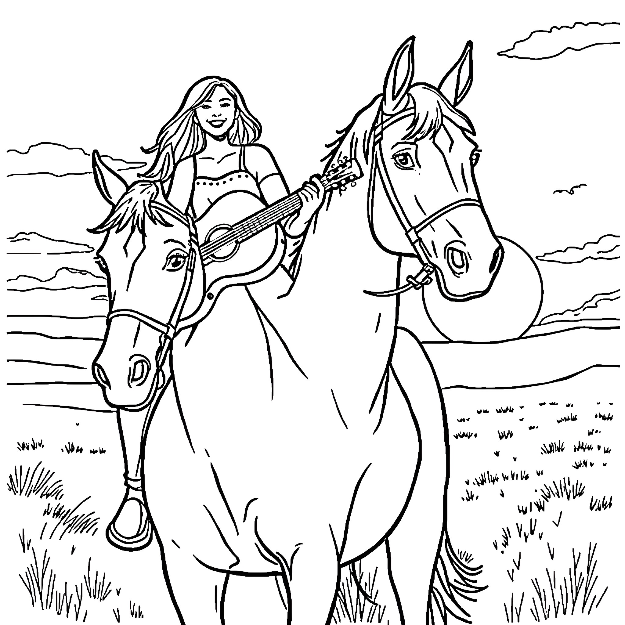 Horse rider playing guitar in the countryside Coloring Page (free black-and-white line drawing printable PDF for all, from beginners to advanced learners, including children, teens, adults, and seniors)