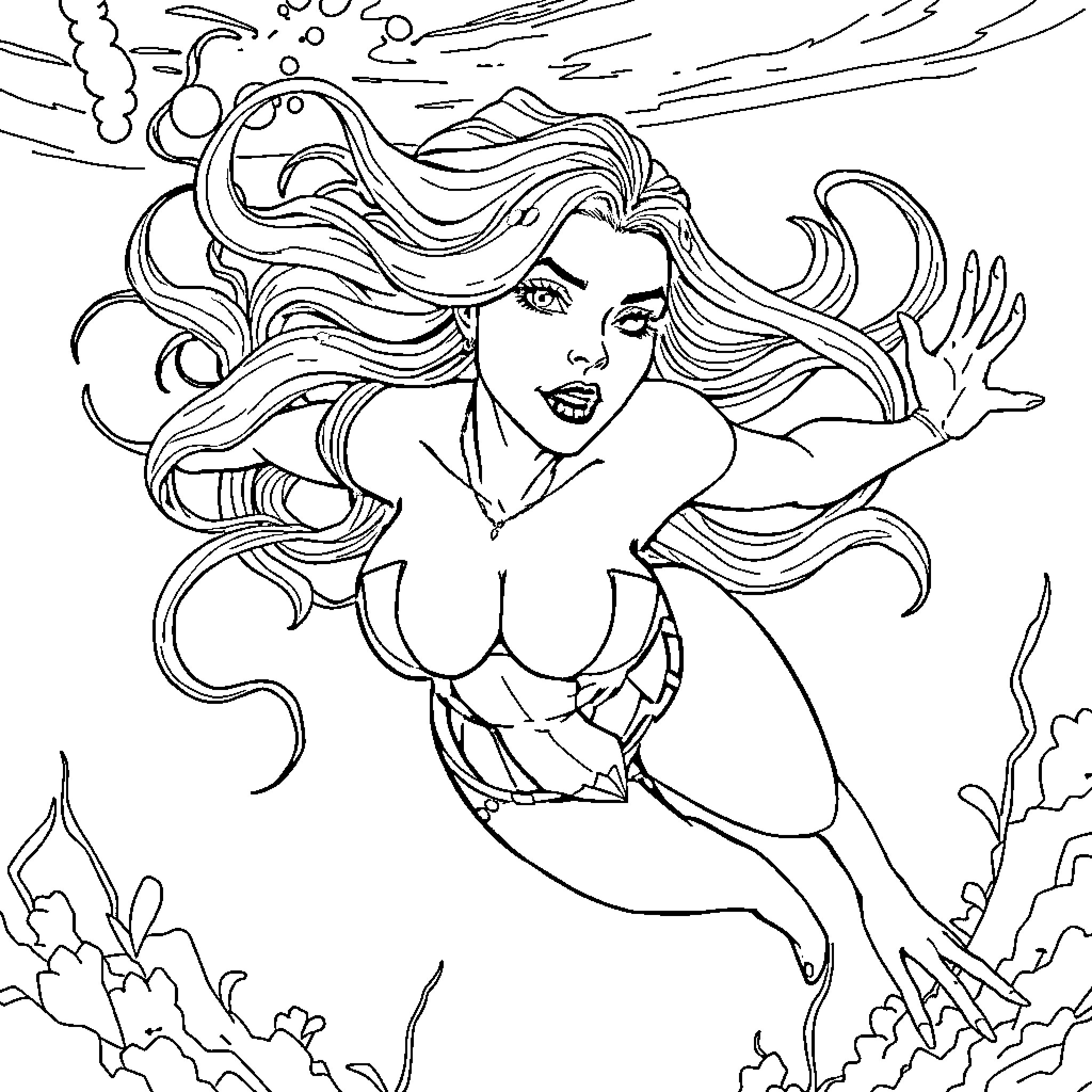 Psylocke unleashing telepathic powers in dramatic pose Coloring Page (free black-and-white line drawing printable PDF for all, from beginners to advanced learners, including children, teens, adults, and seniors)