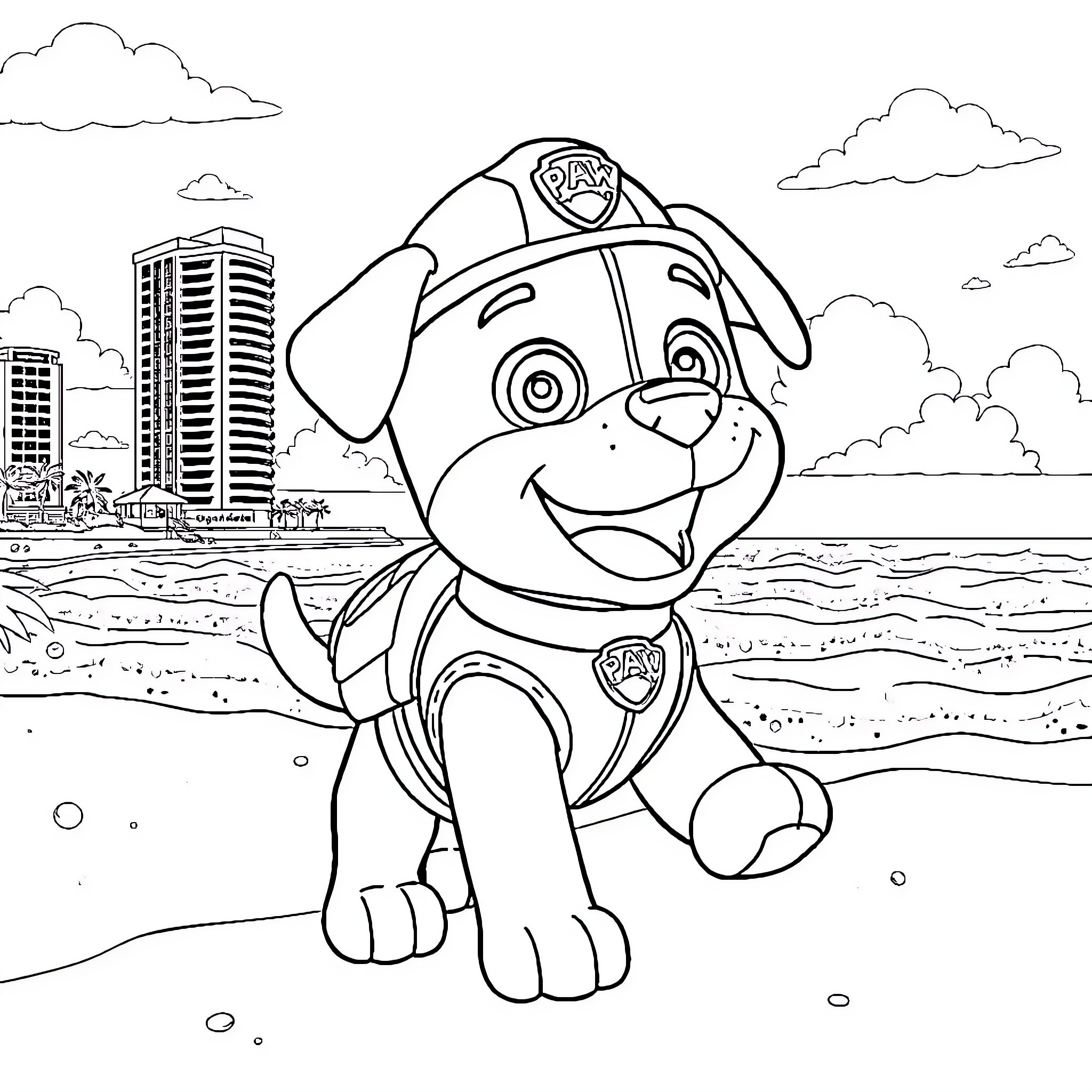 Rubble the pup in the city by the sea Coloring Page (free black-and-white line drawing printable PDF for all, from beginners to advanced learners, including children, teens, adults, and seniors)