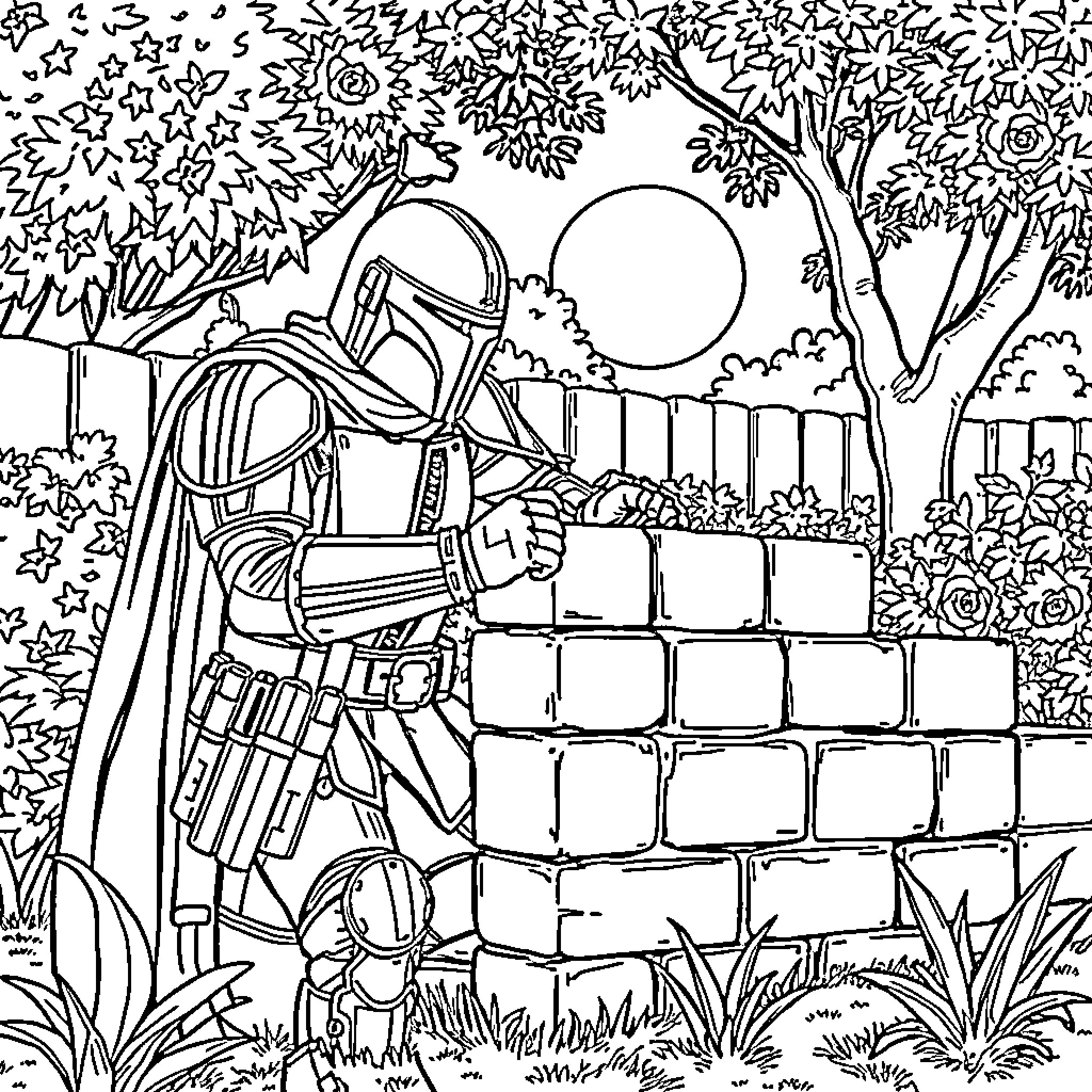 Mandalorian warrior in lush forest landscape Coloring Page (free black-and-white line drawing printable PDF for all, from beginners to advanced learners, including children, teens, adults, and seniors)