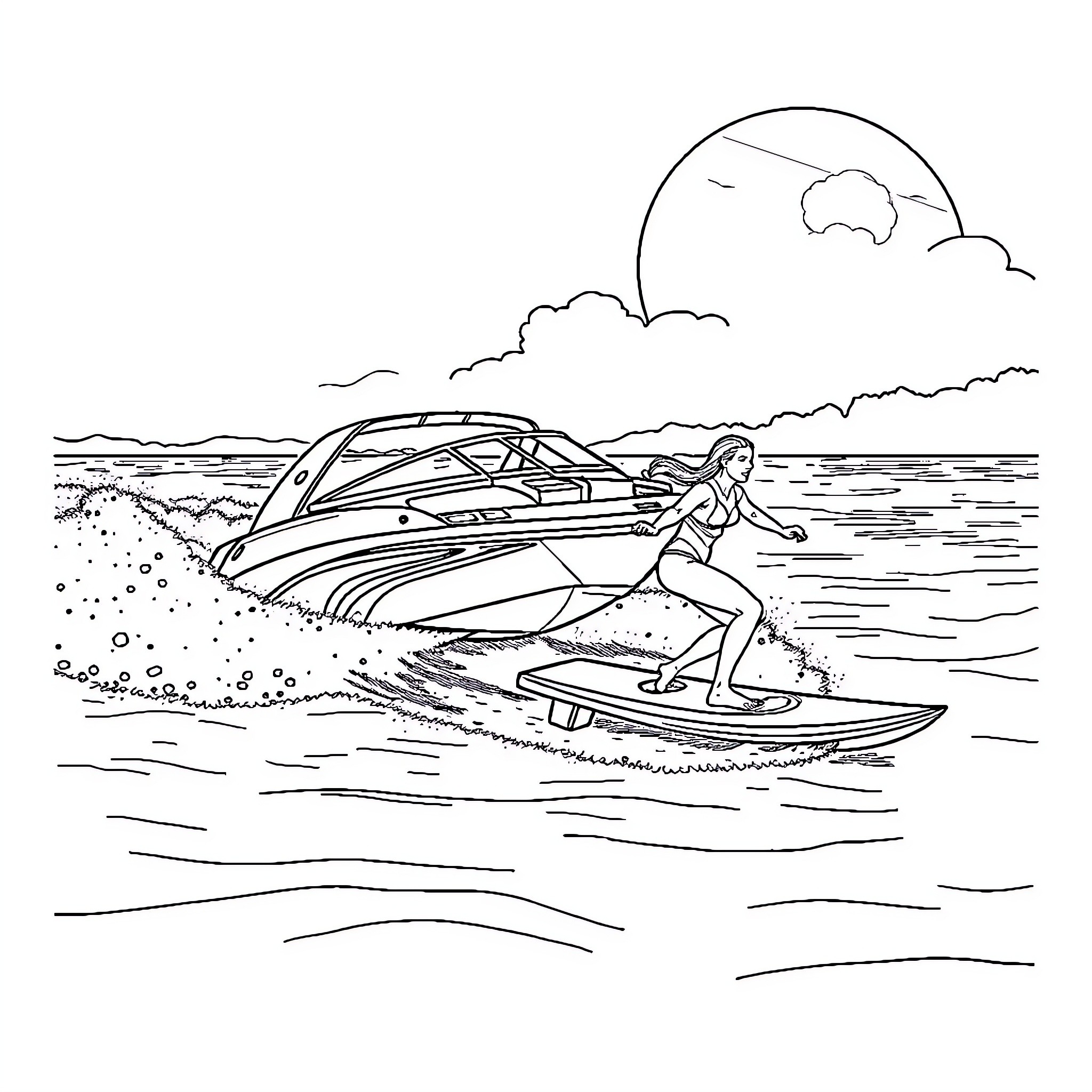 Boat sailing on tranquil waters with person surfing Coloring Page (free black-and-white line drawing printable PDF for all, from beginners to advanced learners, including children, teens, adults, and seniors)