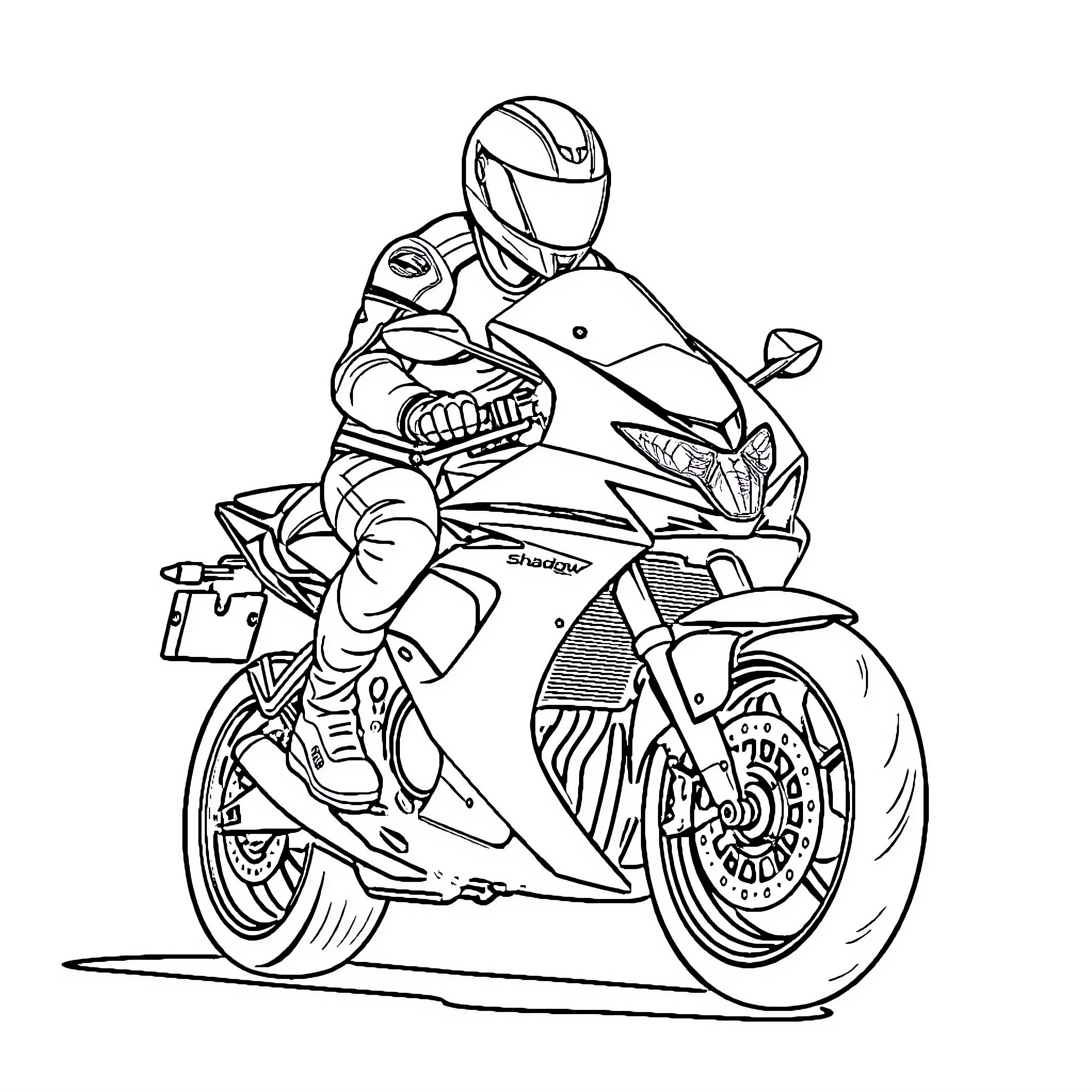 Shadow of Speeding Motorcycle Rider Coloring Page (free black-and-white line drawing printable PDF for all, from beginners to advanced learners, including children, teens, adults, and seniors)
