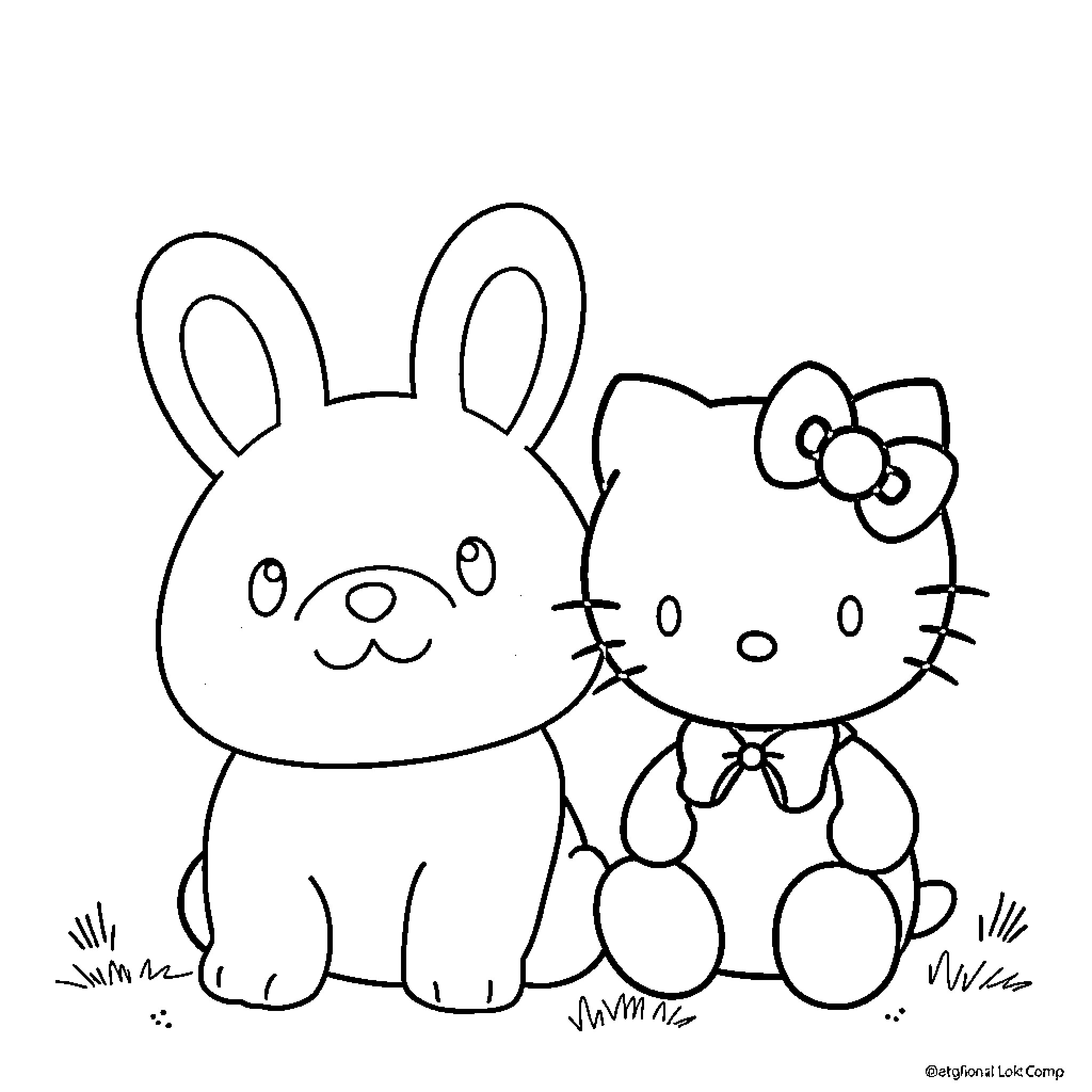 Hello Kitty and Bunny Friends Explore Outdoors Coloring Page (free black-and-white line drawing printable PDF for all, from beginners to advanced learners, including children, teens, adults, and seniors)