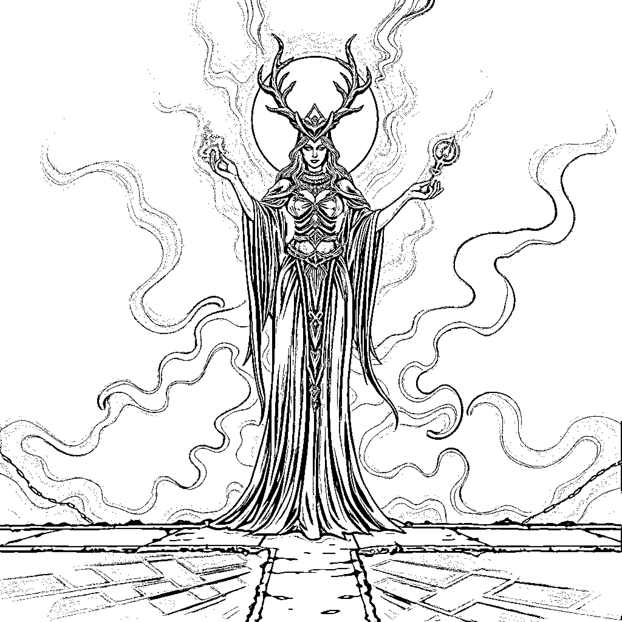 Hecate, the Goddess of Witchcraft and Sorcery Coloring Page (free black-and-white line drawing printable PDF for all, from beginners to advanced learners, including children, teens, adults, and seniors)