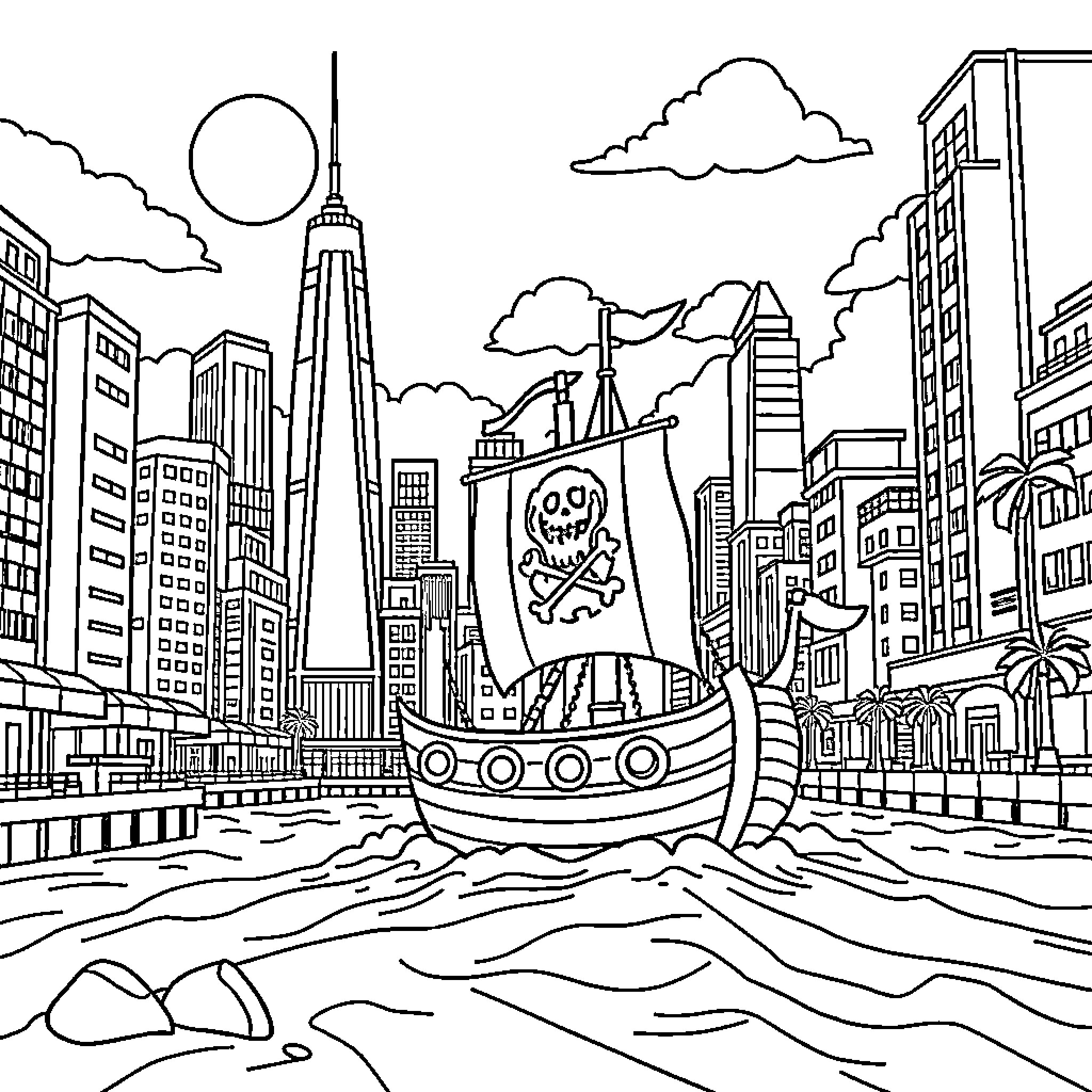 Pirate Boat Sailing Through Cityscape with Skyscrapers Coloring Page (free black-and-white line drawing printable PDF for all, from beginners to advanced learners, including children, teens, adults, and seniors)