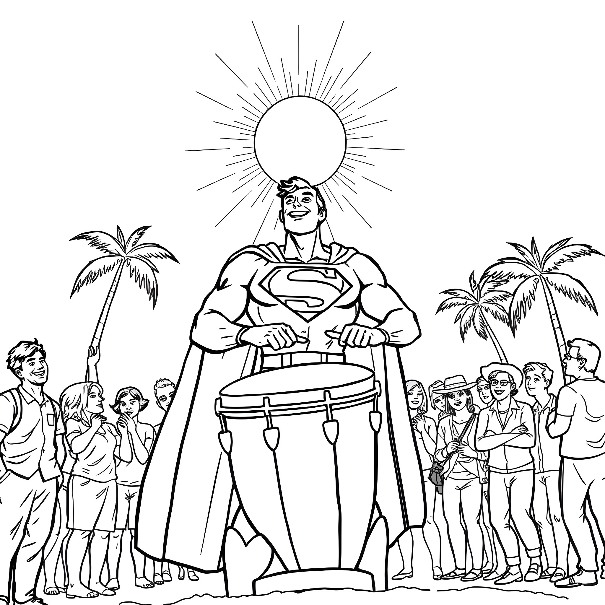 Superman heroically standing with crowd of people Coloring Page (free black-and-white line drawing printable PDF for all, from beginners to advanced learners, including children, teens, adults, and seniors)