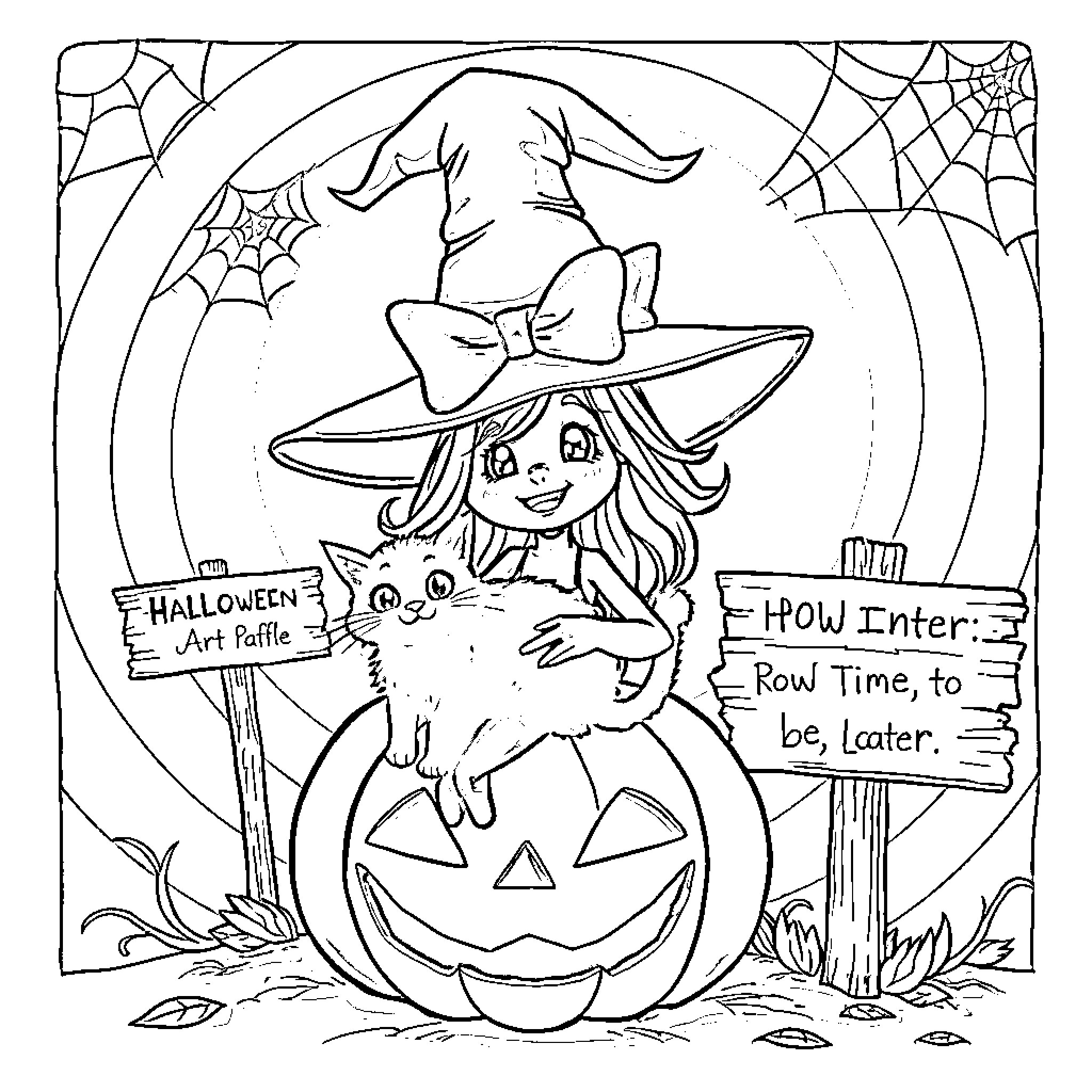 Witch Holding a Pumpkin with Cat Coloring Page (free black-and-white line drawing printable PDF for all, from beginners to advanced learners, including children, teens, adults, and seniors)