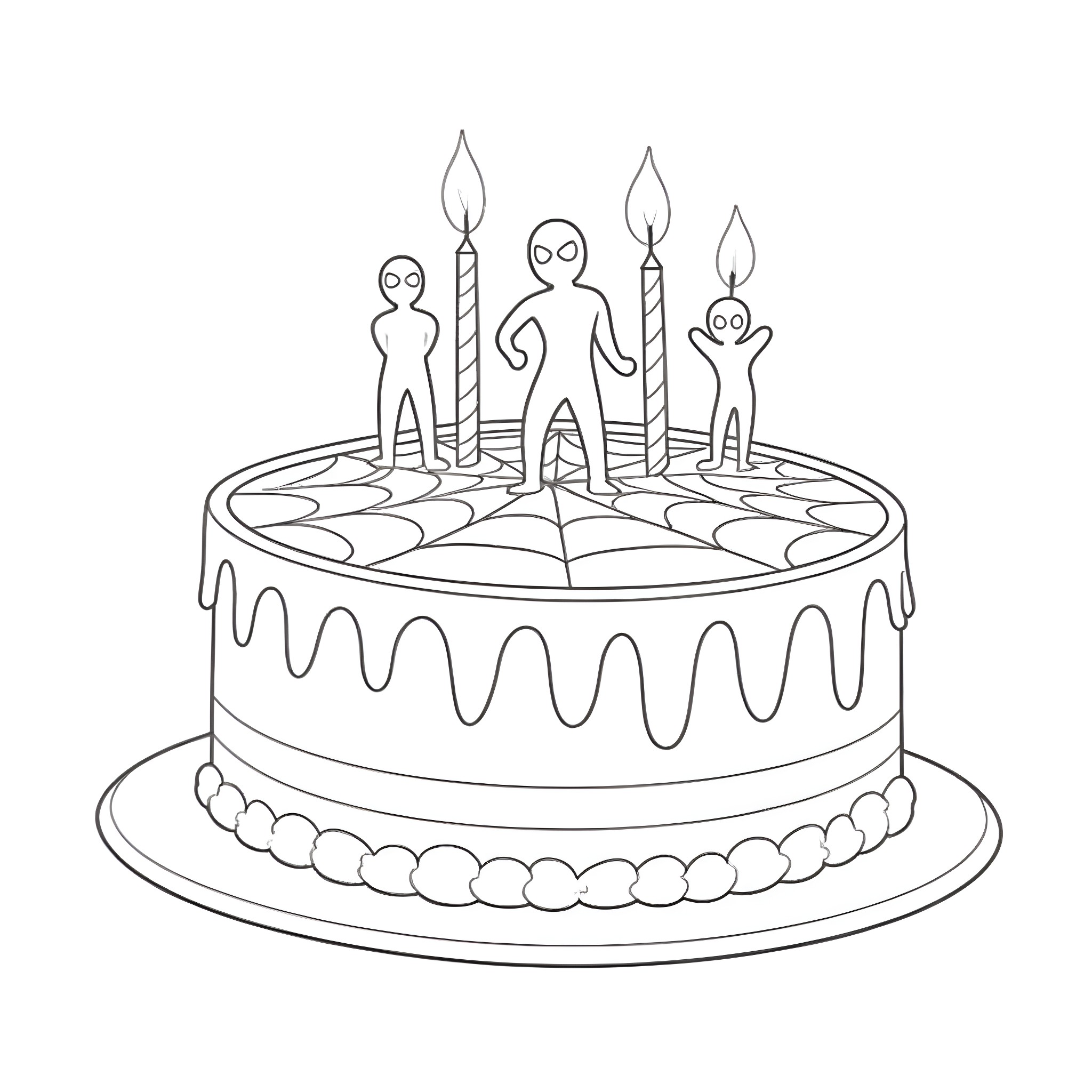 Spiderman birthday cake with candles and figures Coloring Page (free black-and-white line drawing printable PDF for all, from beginners to advanced learners, including children, teens, adults, and seniors)