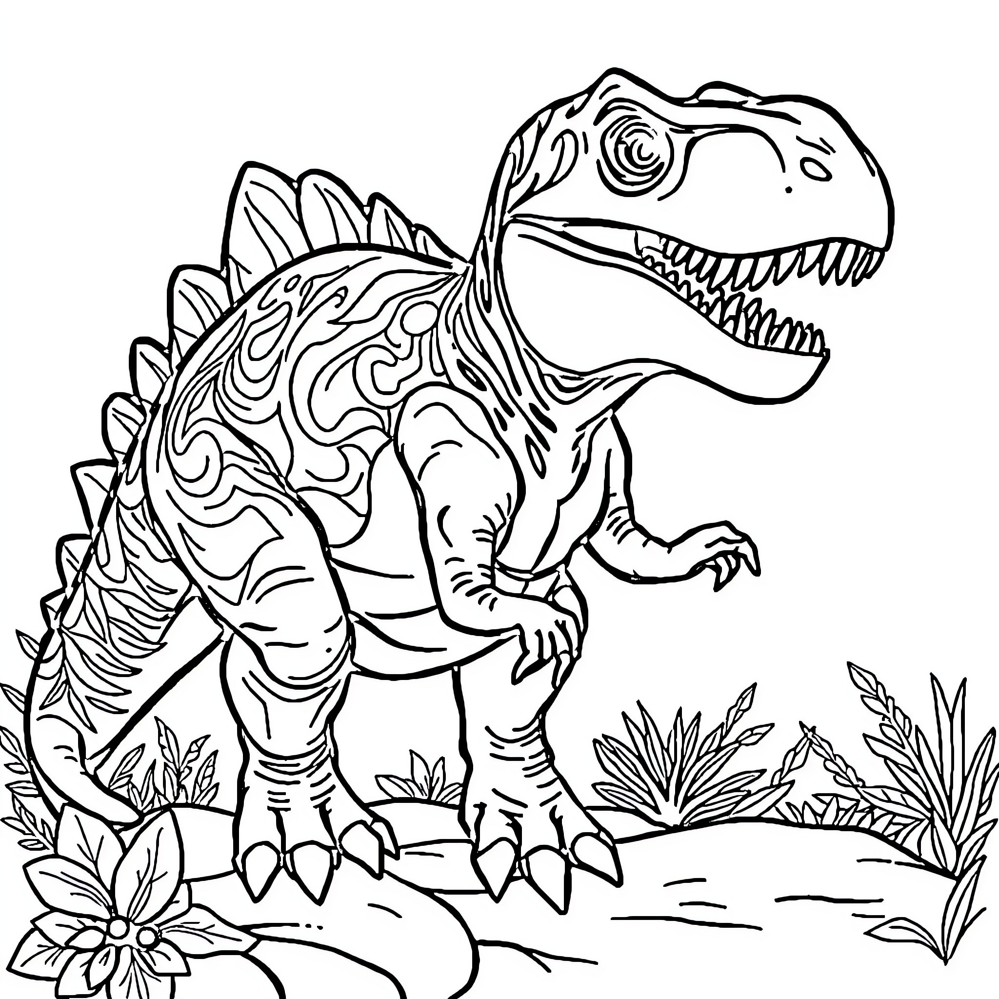 Dinosaur Roaming Amidst Foliage Coloring Page (free black-and-white line drawing printable PDF for all, from beginners to advanced learners, including children, teens, adults, and seniors)