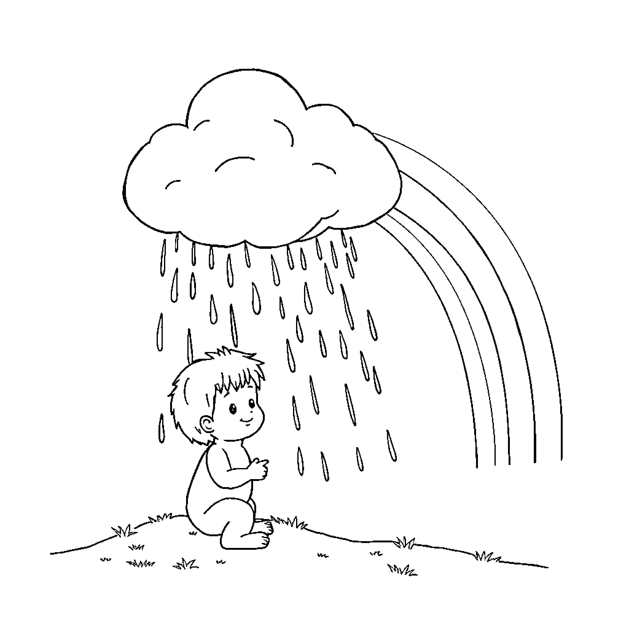 Niño playing in the rain under a cloud Coloring Page (free black-and-white line drawing printable PDF for all, from beginners to advanced learners, including children, teens, adults, and seniors)