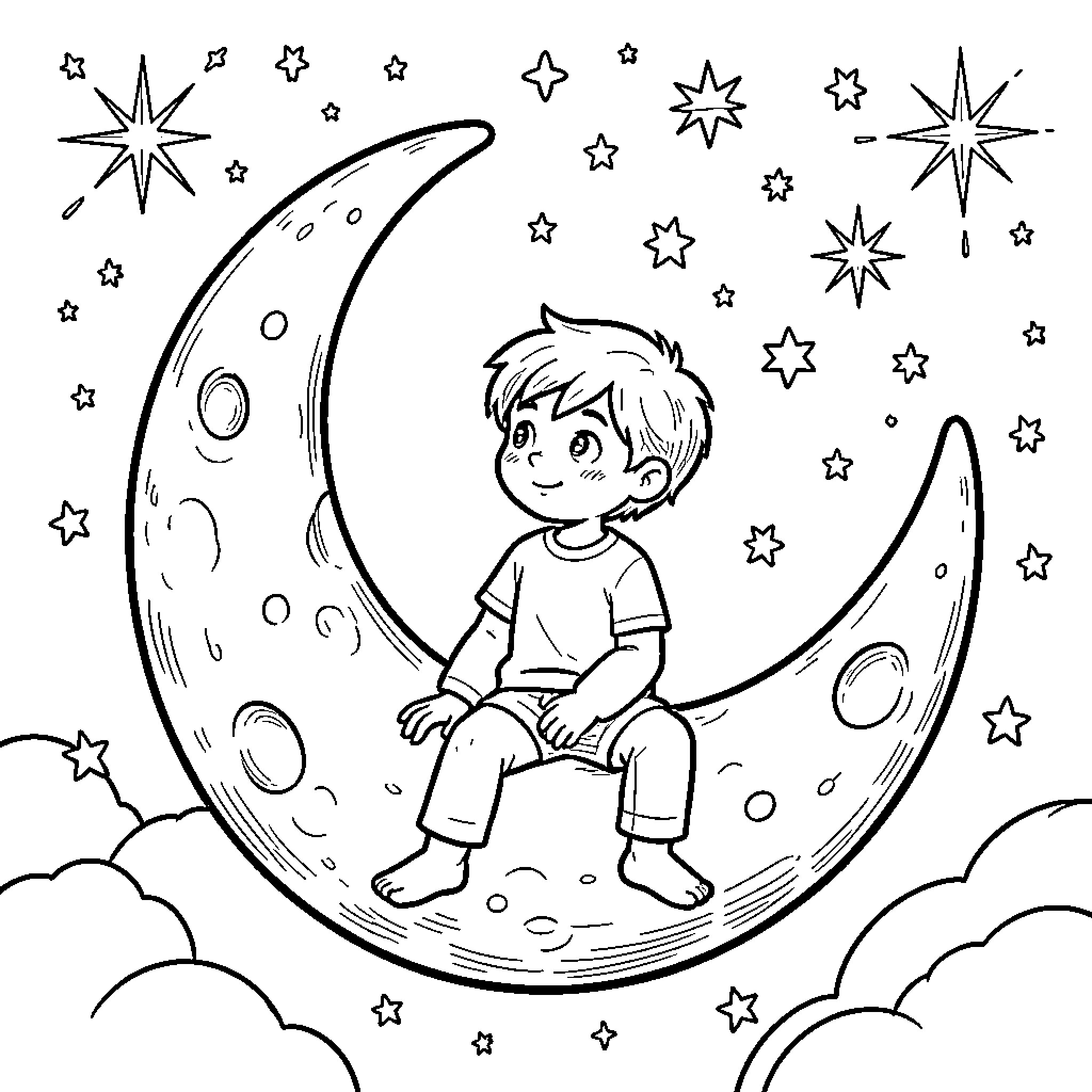 Child sitting on the crescent moon under the stars Coloring Page (free black-and-white line drawing printable PDF for all, from beginners to advanced learners, including children, teens, adults, and seniors)
