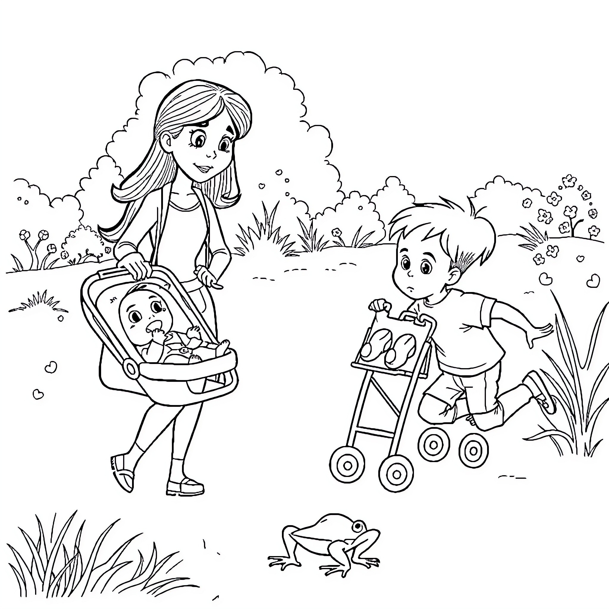 Woman and children exploring nature together Coloring Page (free black-and-white line drawing printable PDF for all, from beginners to advanced learners, including children, teens, adults, and seniors)