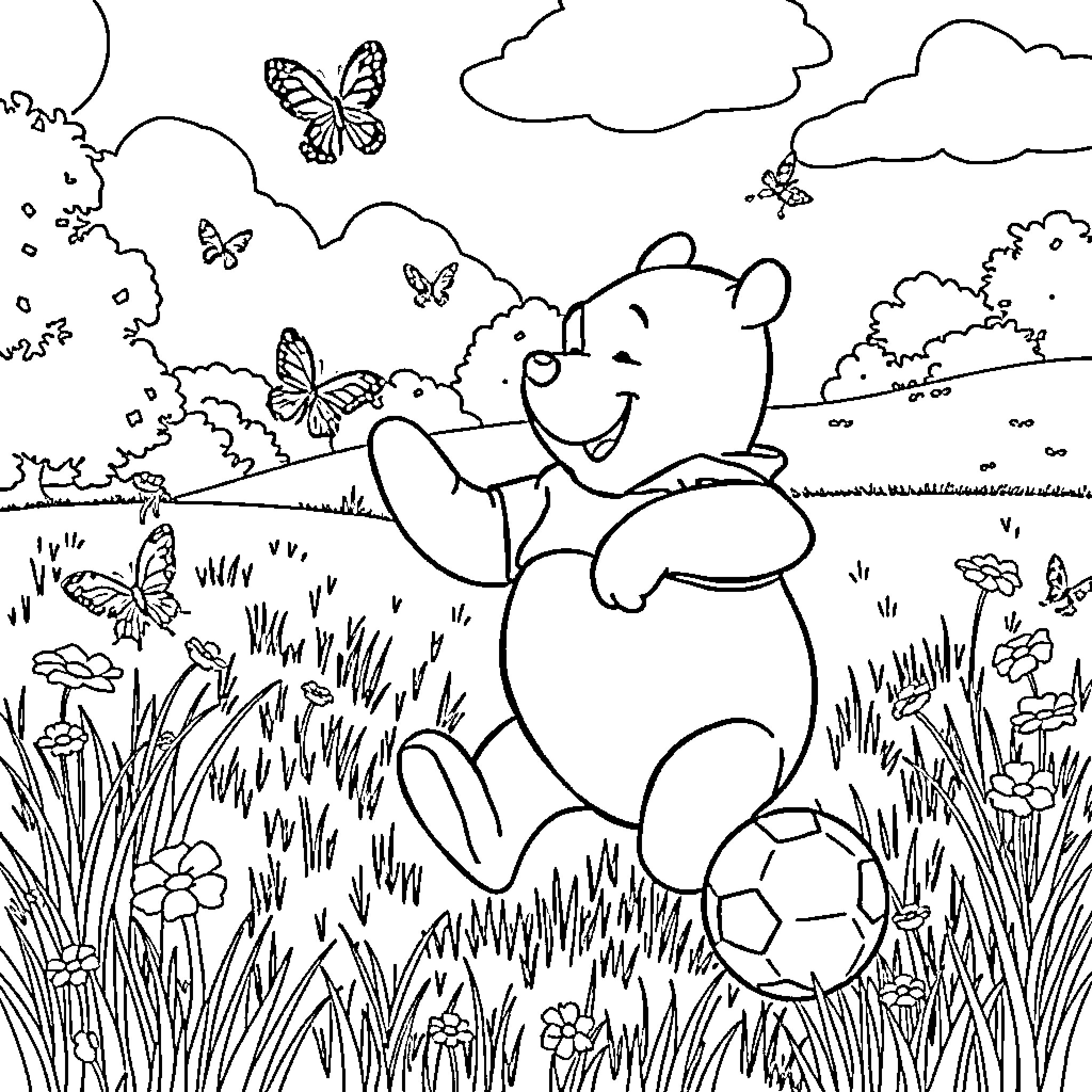 Winnie The Pooh playing with butterflies in nature Coloring Page (free black-and-white line drawing printable PDF for all, from beginners to advanced learners, including children, teens, adults, and seniors)