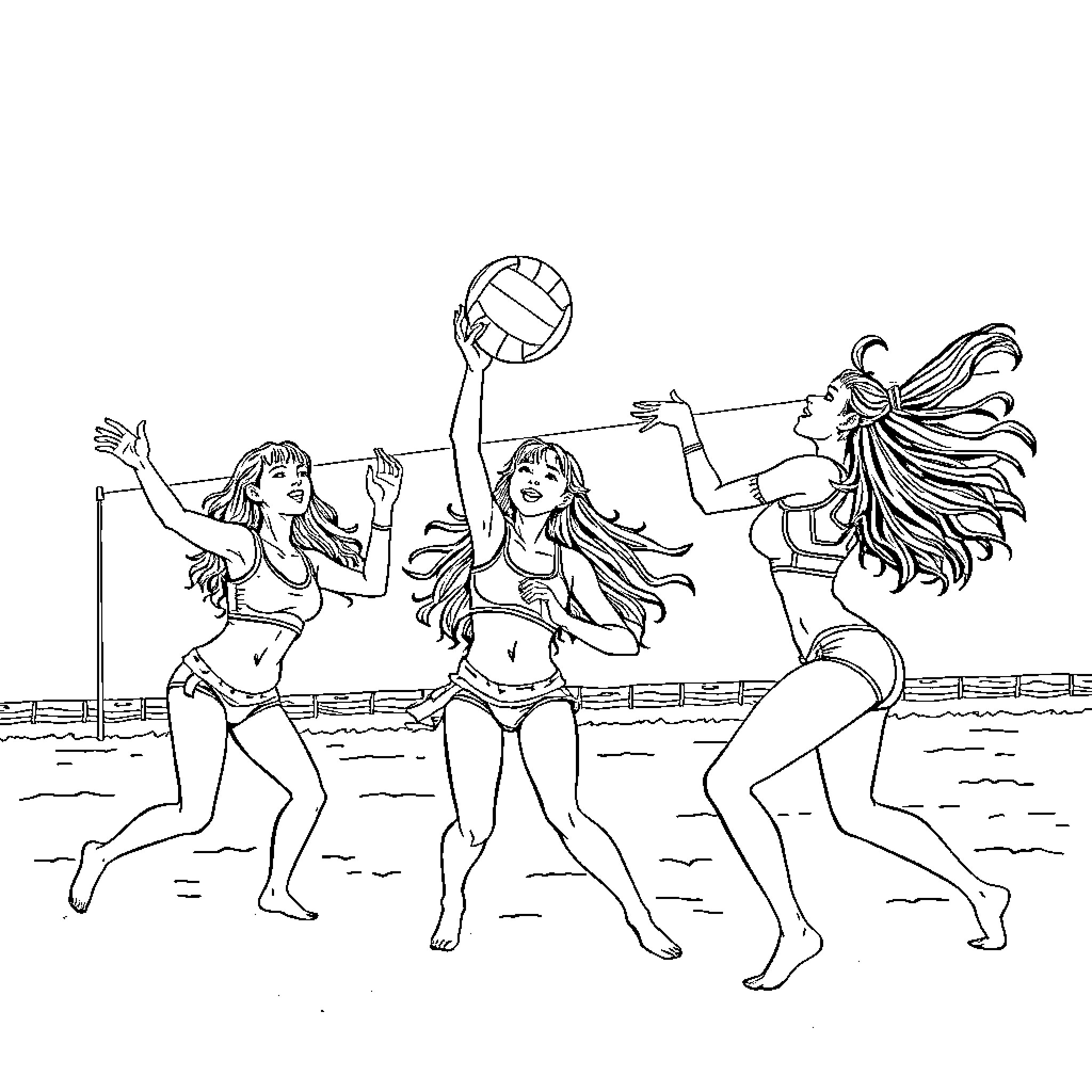 K Pop Warrior Volleyball Players in Beach Game Coloring Page (free black-and-white line drawing printable PDF for all, from beginners to advanced learners, including children, teens, adults, and seniors)