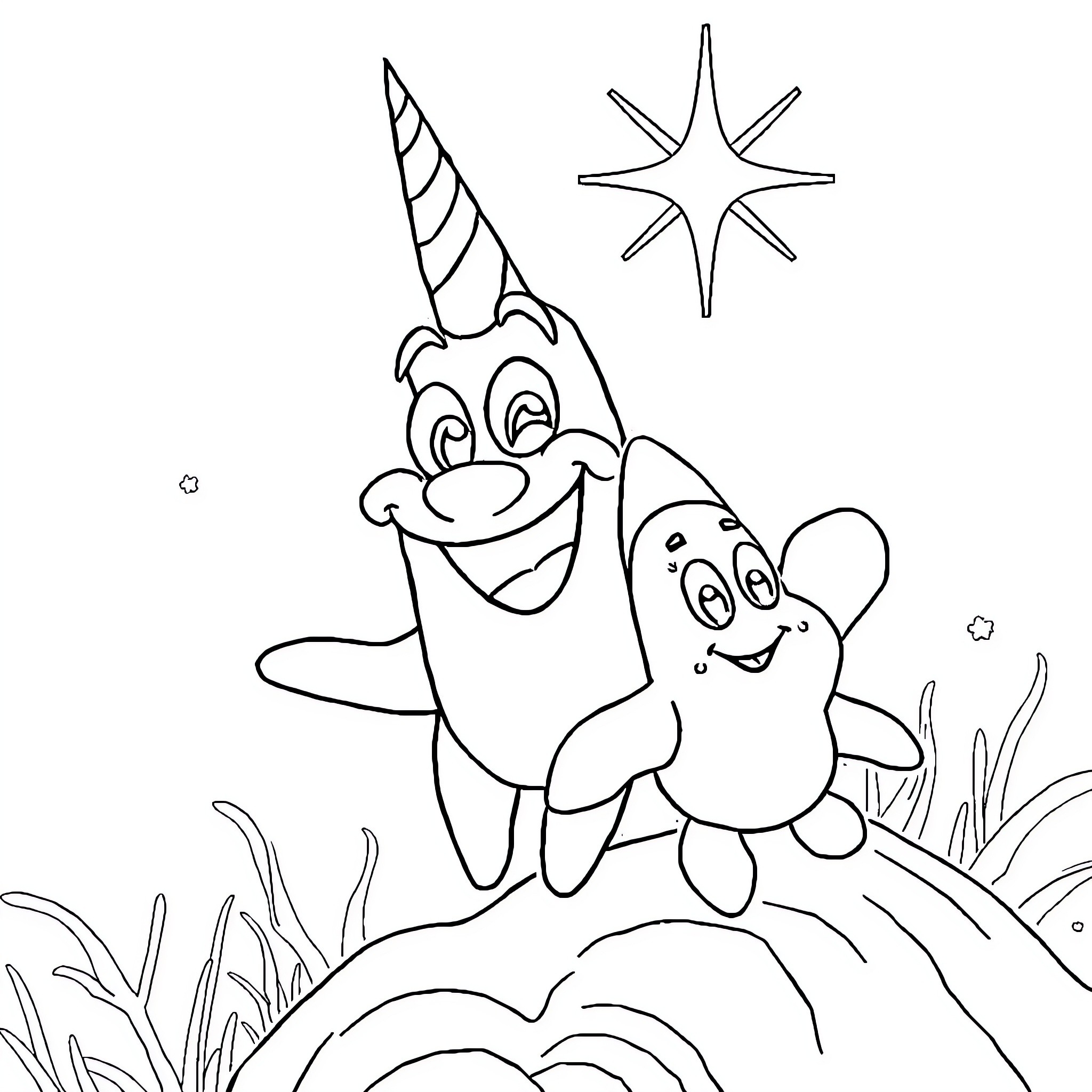 Bob Sponge and friend celebrating with star Coloring Page (free black-and-white line drawing printable PDF for all, from beginners to advanced learners, including children, teens, adults, and seniors)