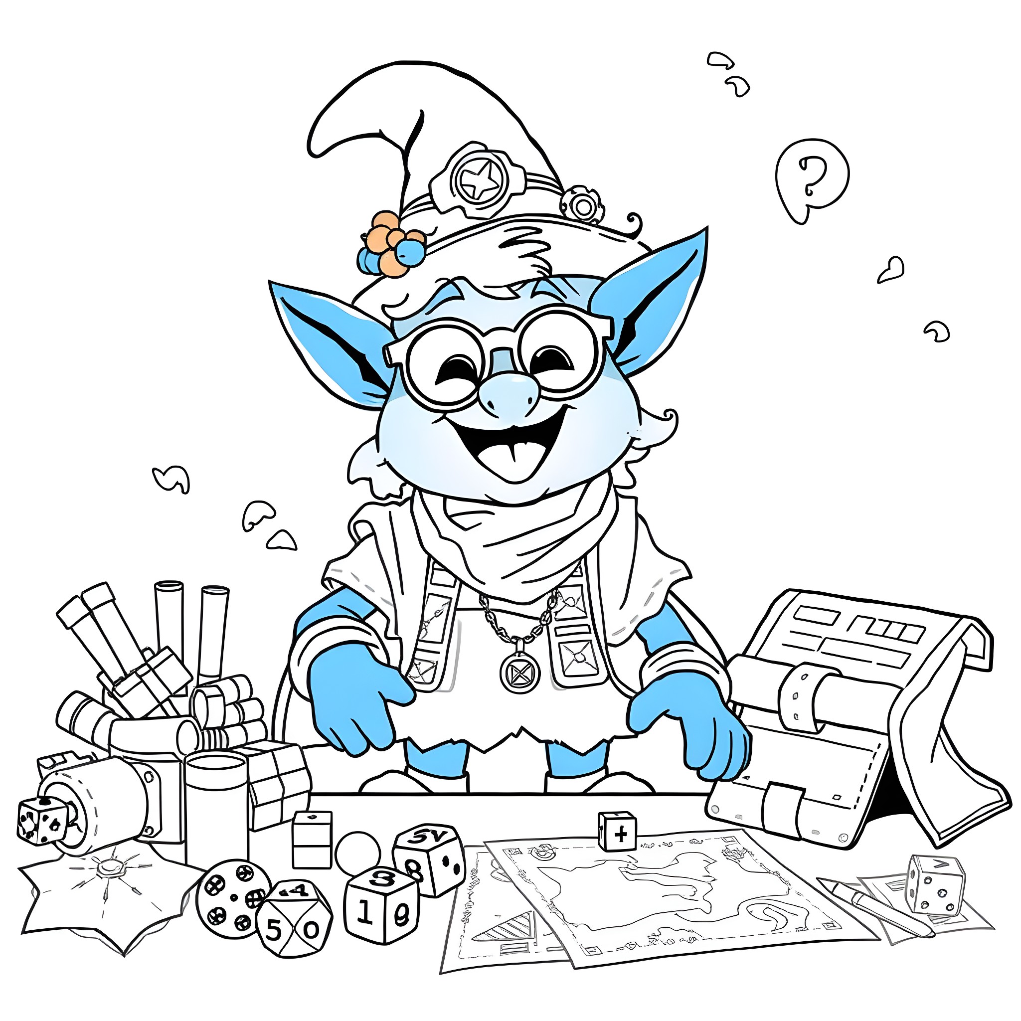 Bluey the Adventurous Elf Exploring Toys and Maps Coloring Page (free black-and-white line drawing printable PDF for all, from beginners to advanced learners, including children, teens, adults, and seniors)