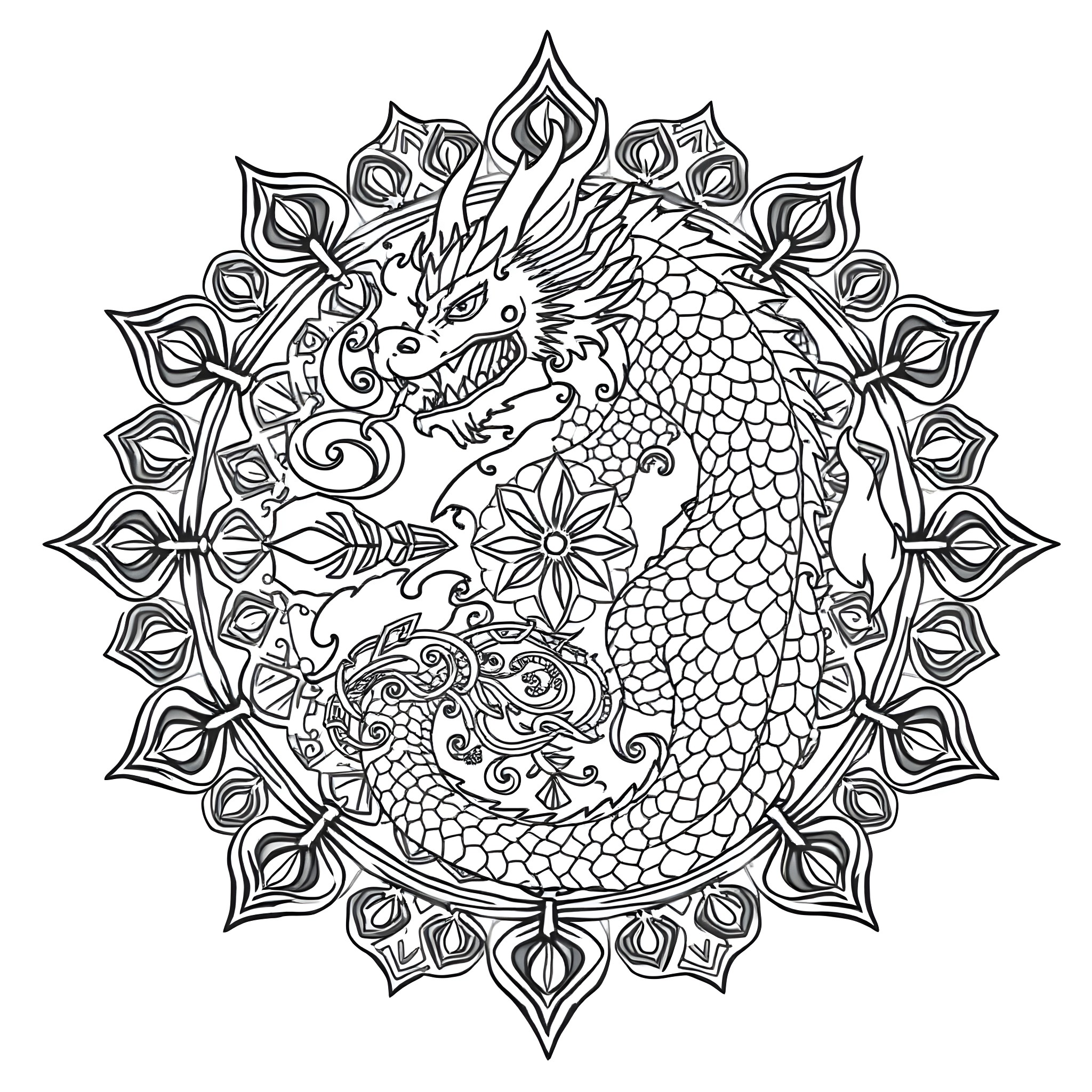 Dragon depicting ornate floral patterns Coloring Page (free black-and-white line drawing printable PDF for all, from beginners to advanced learners, including children, teens, adults, and seniors)