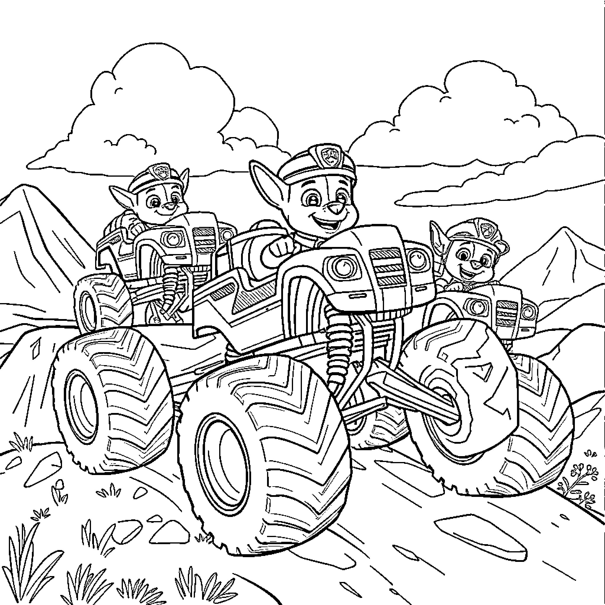 Paw Patrol Pups Driving Monster Trucks in the Mountains Coloring Page (free black-and-white line drawing printable PDF for all, from beginners to advanced learners, including children, teens, adults, and seniors)