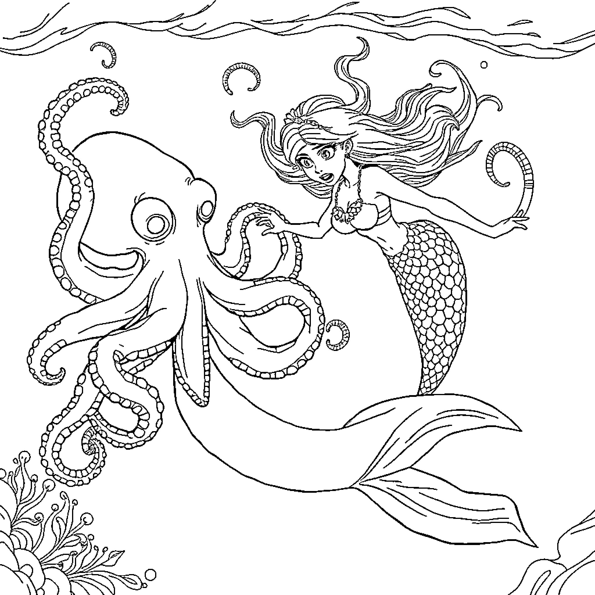 Mermaid Embracing Octopus in Underwater Adventure Coloring Page (free black-and-white line drawing printable PDF for all, from beginners to advanced learners, including children, teens, adults, and seniors)