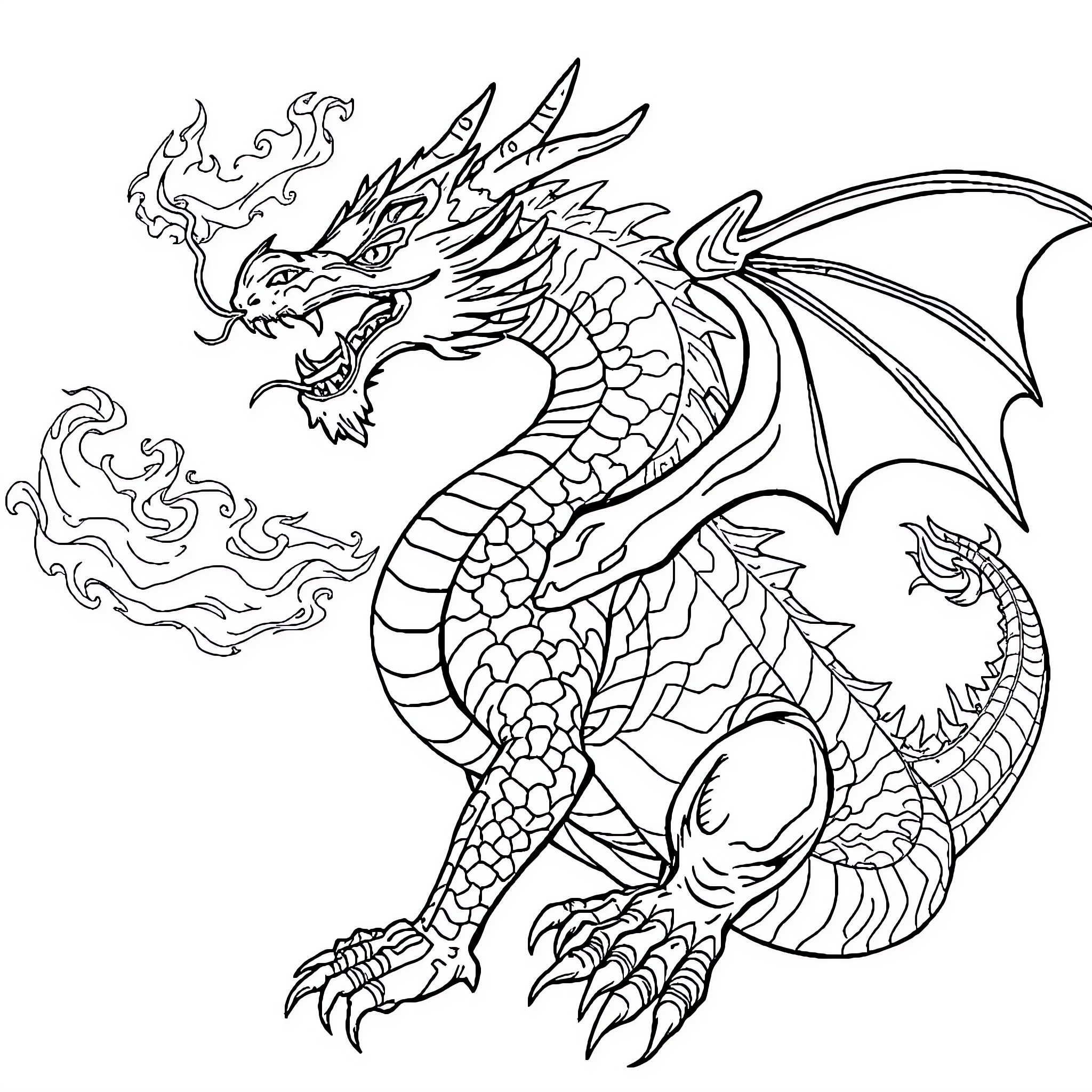 Dragon breathing fire and spreading its wings Coloring Page (free black-and-white line drawing printable PDF for all, from beginners to advanced learners, including children, teens, adults, and seniors)