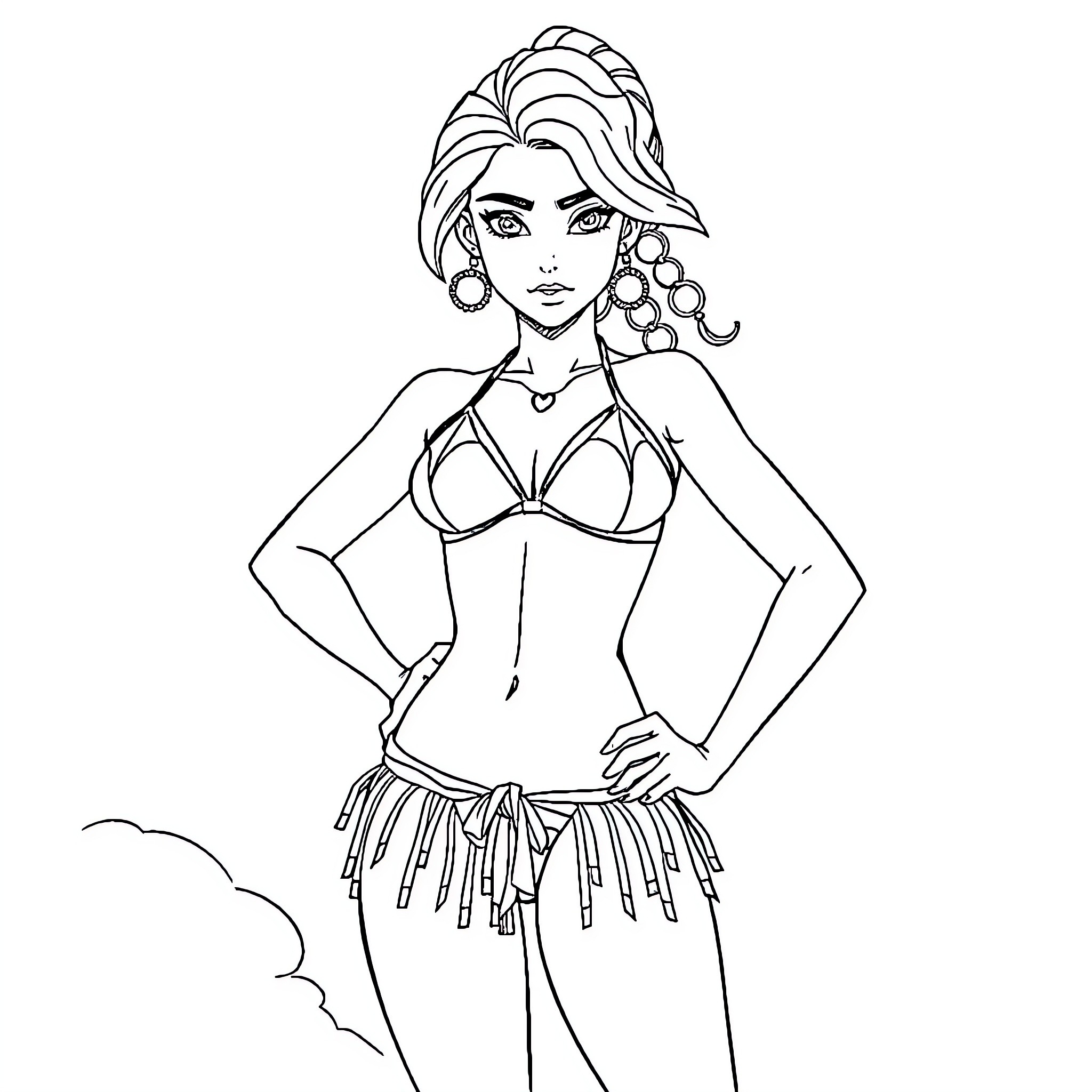 Korra in Vibrant Attire and Pose Coloring Page (free black-and-white line drawing printable PDF for all, from beginners to advanced learners, including children, teens, adults, and seniors)