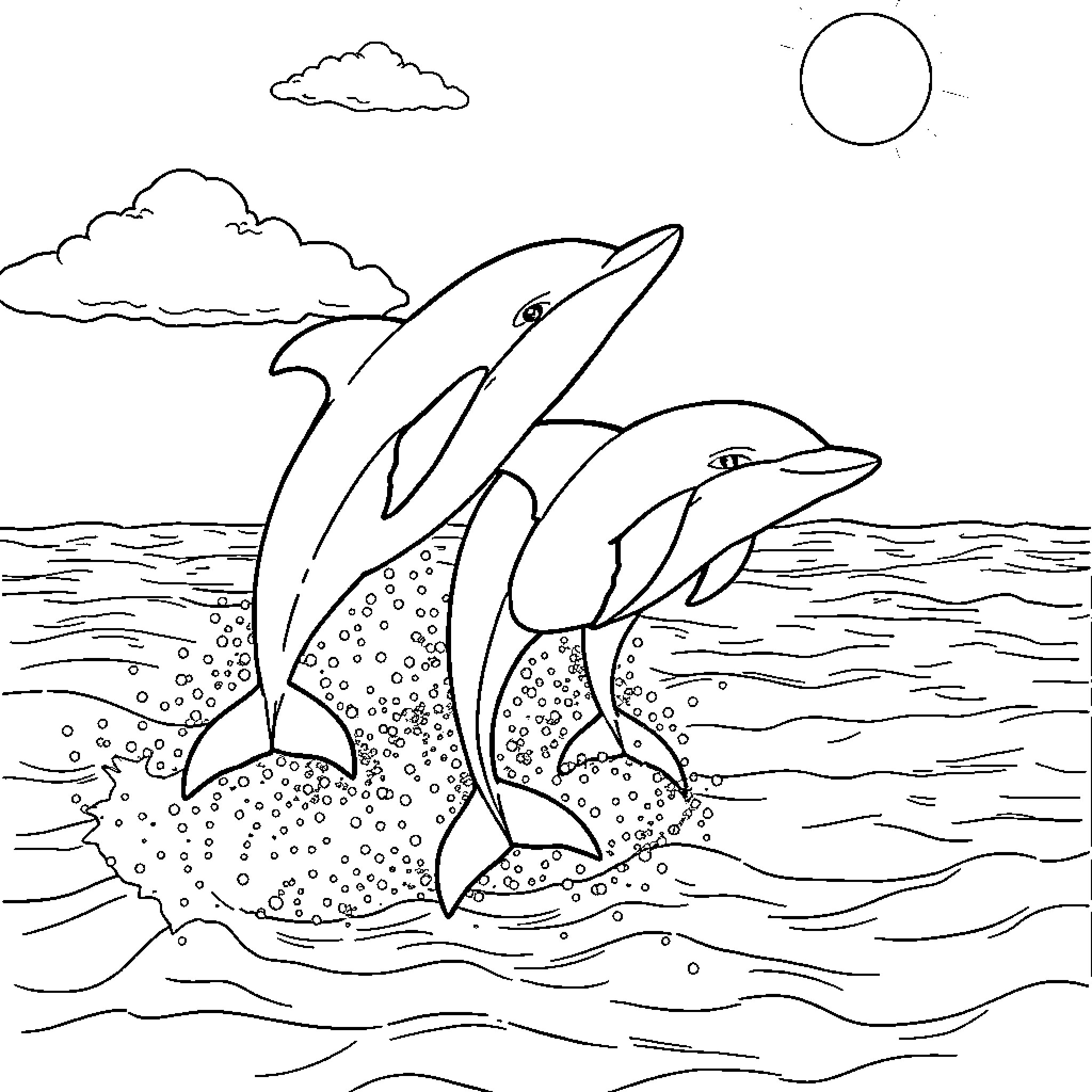 Dolphin pair frolicking in the ocean Coloring Page (free black-and-white line drawing printable PDF for all, from beginners to advanced learners, including children, teens, adults, and seniors)