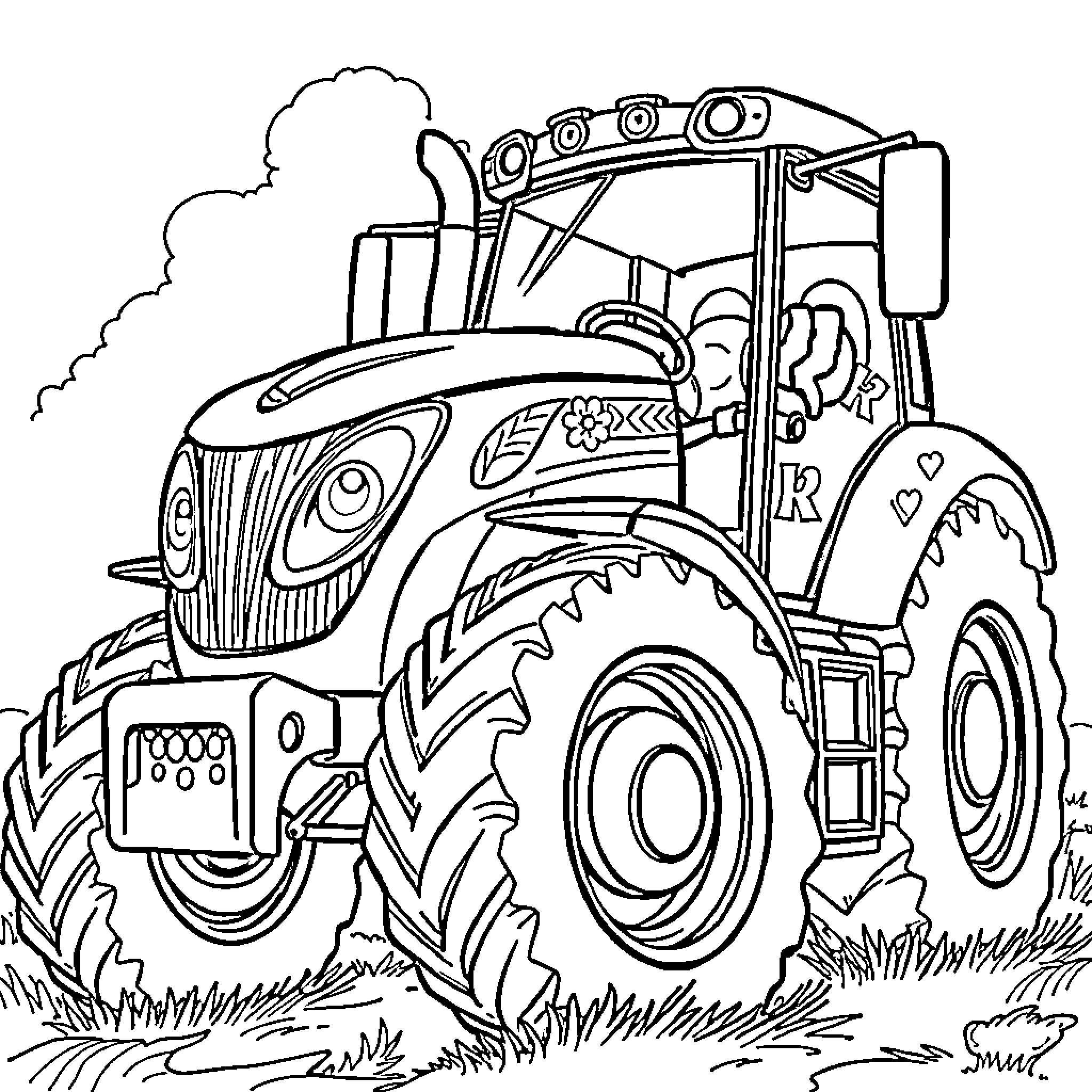 Tractor plowing the field with determination Coloring Page (free black-and-white line drawing printable PDF for all, from beginners to advanced learners, including children, teens, adults, and seniors)