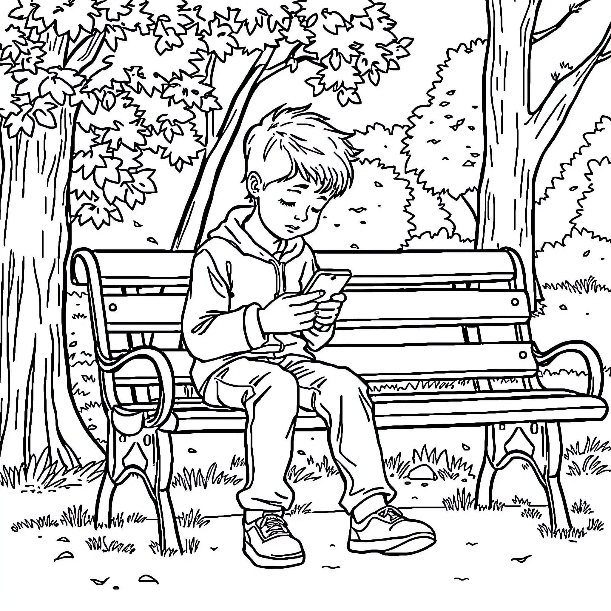 Boy reading intently on a park bench Coloring Page (free black-and-white line drawing printable PDF for all, from beginners to advanced learners, including children, teens, adults, and seniors)
