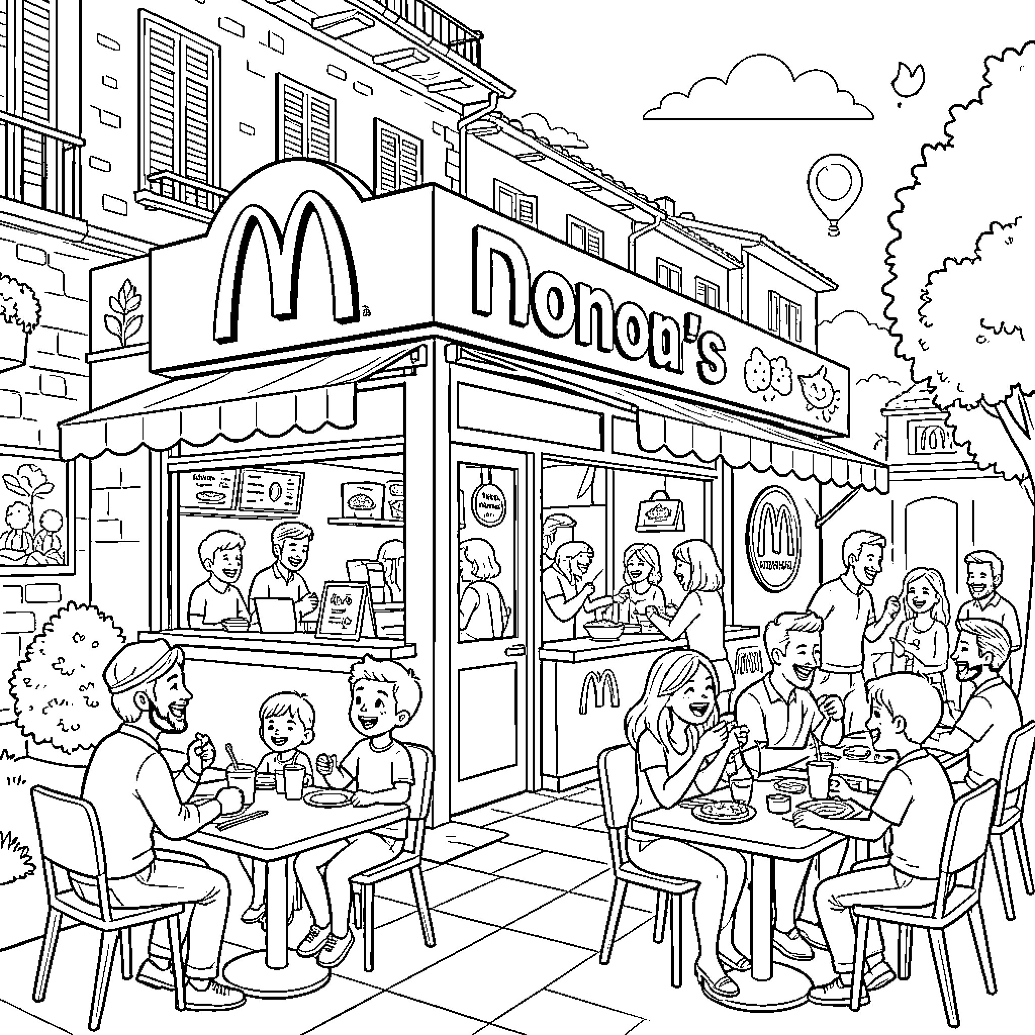 McDonald's restaurant with people eating and enjoying food outdoors Coloring Page (free black-and-white line drawing printable PDF for all, from beginners to advanced learners, including children, teens, adults, and seniors)