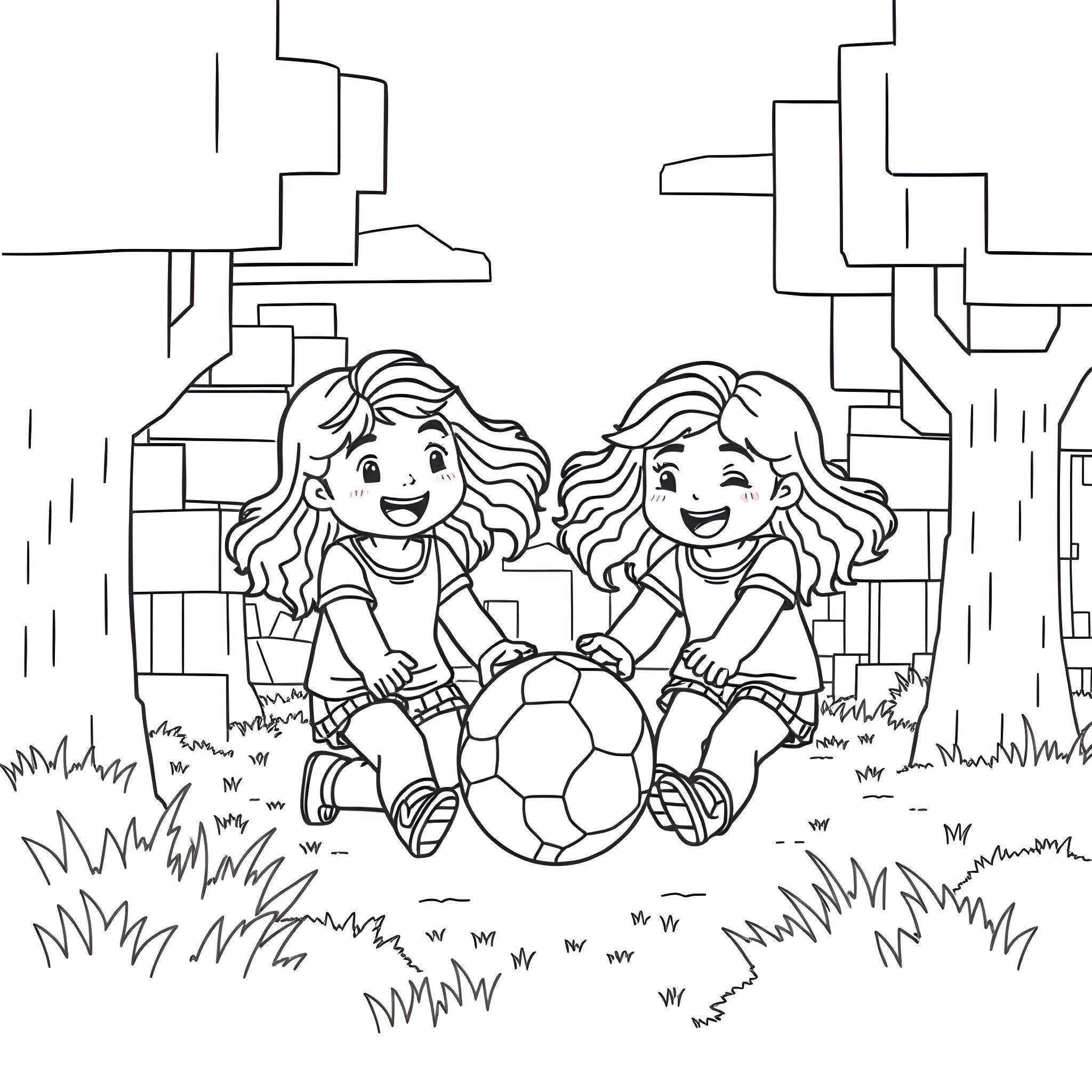 Girls Playing with Soccer Ball in Park Coloring Page (free black-and-white line drawing printable PDF for all, from beginners to advanced learners, including children, teens, adults, and seniors)