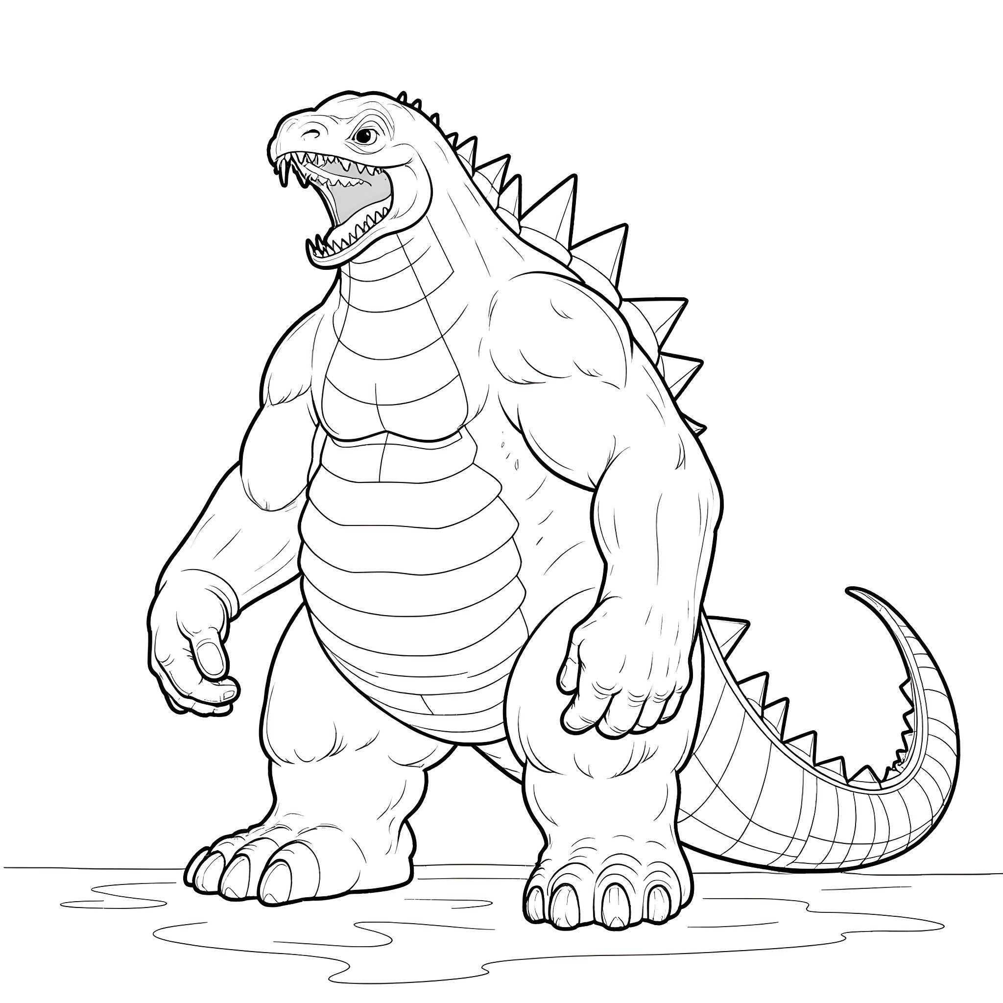 Kaiju monster striking a fierce pose Coloring Page (free black-and-white line drawing printable PDF for all, from beginners to advanced learners, including children, teens, adults, and seniors)