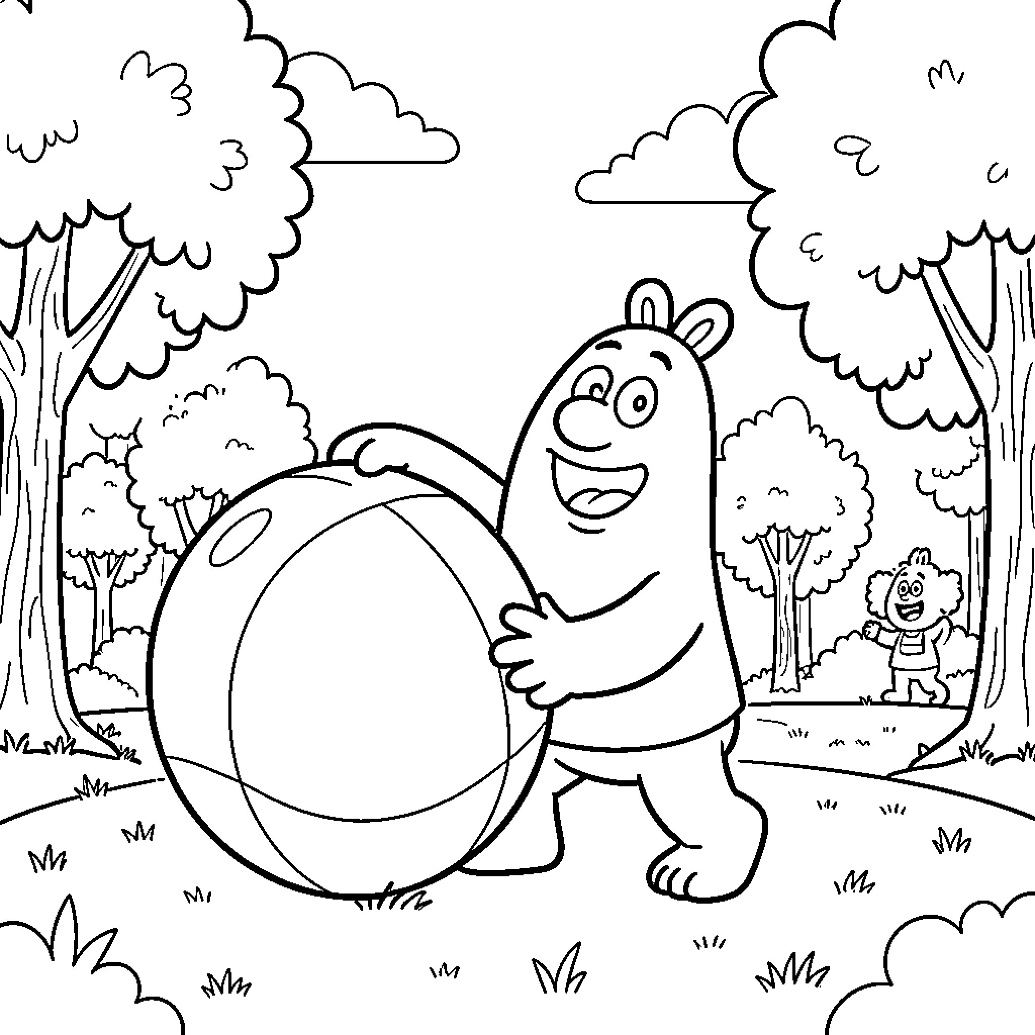 Barbapapa playing with a large ball in a park Coloring Page (free black-and-white line drawing printable PDF for all, from beginners to advanced learners, including children, teens, adults, and seniors)