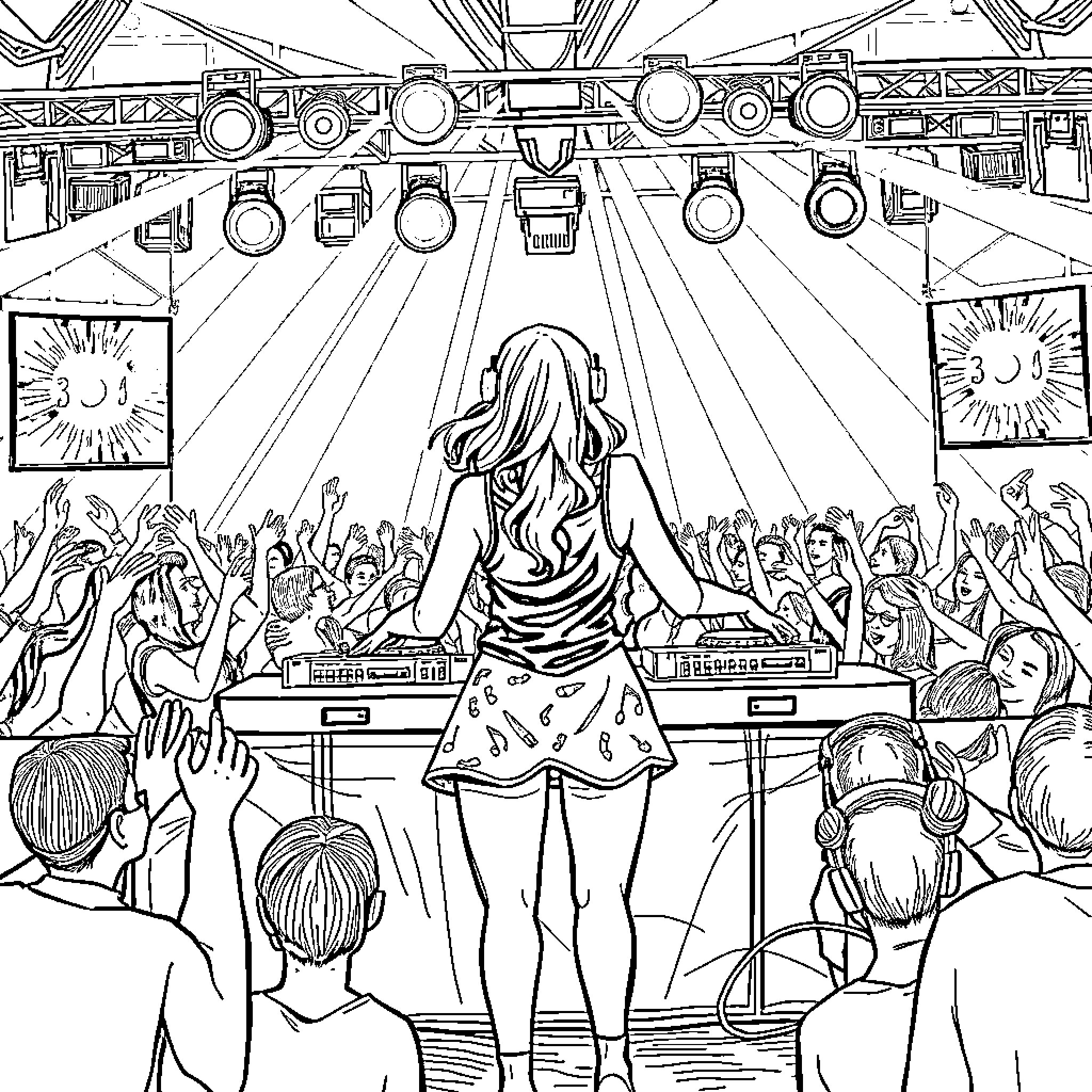 Music Teacher Performing for Enthusiastic Audience Coloring Page (free black-and-white line drawing printable PDF for all, from beginners to advanced learners, including children, teens, adults, and seniors)