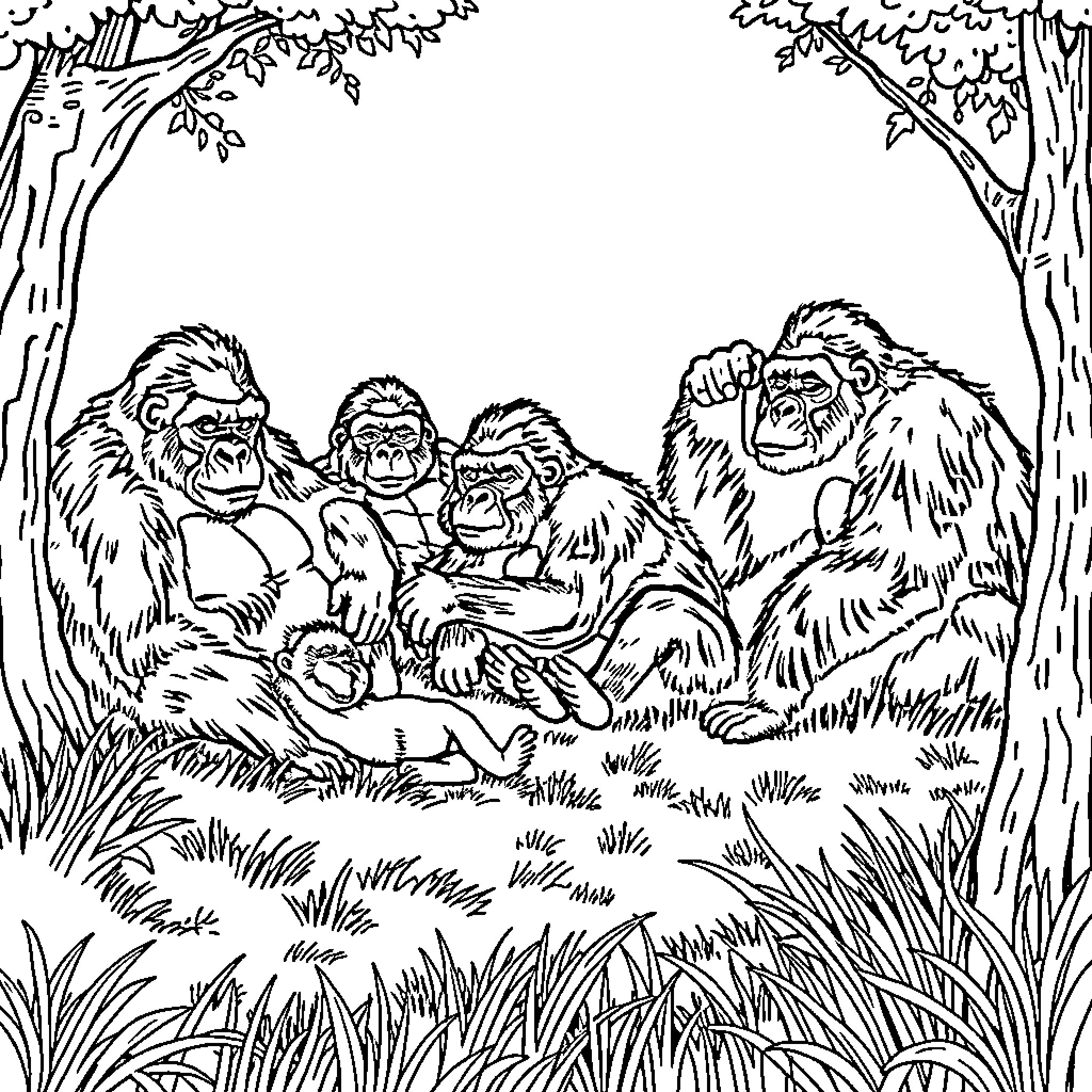 Gorillas Relaxing in the Lush Forest Coloring Page (free black-and-white line drawing printable PDF for all, from beginners to advanced learners, including children, teens, adults, and seniors)