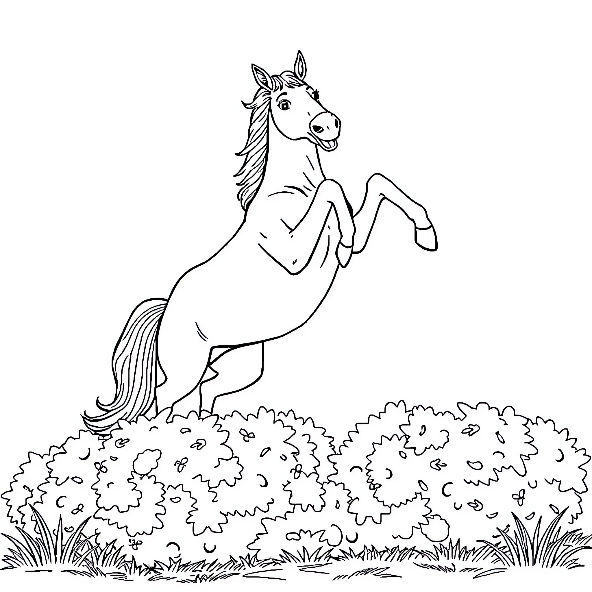 Horse rearing up in a field with plants Coloring Page (free black-and-white line drawing printable PDF for all, from beginners to advanced learners, including children, teens, adults, and seniors)