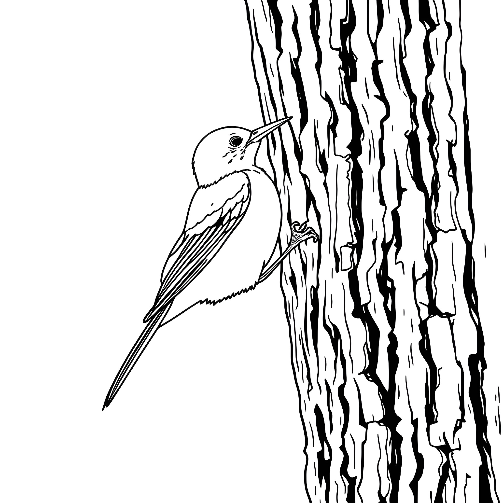 Oriole perched on a textured tree trunk Coloring Page (free black-and-white line drawing printable PDF for all, from beginners to advanced learners, including children, teens, adults, and seniors)