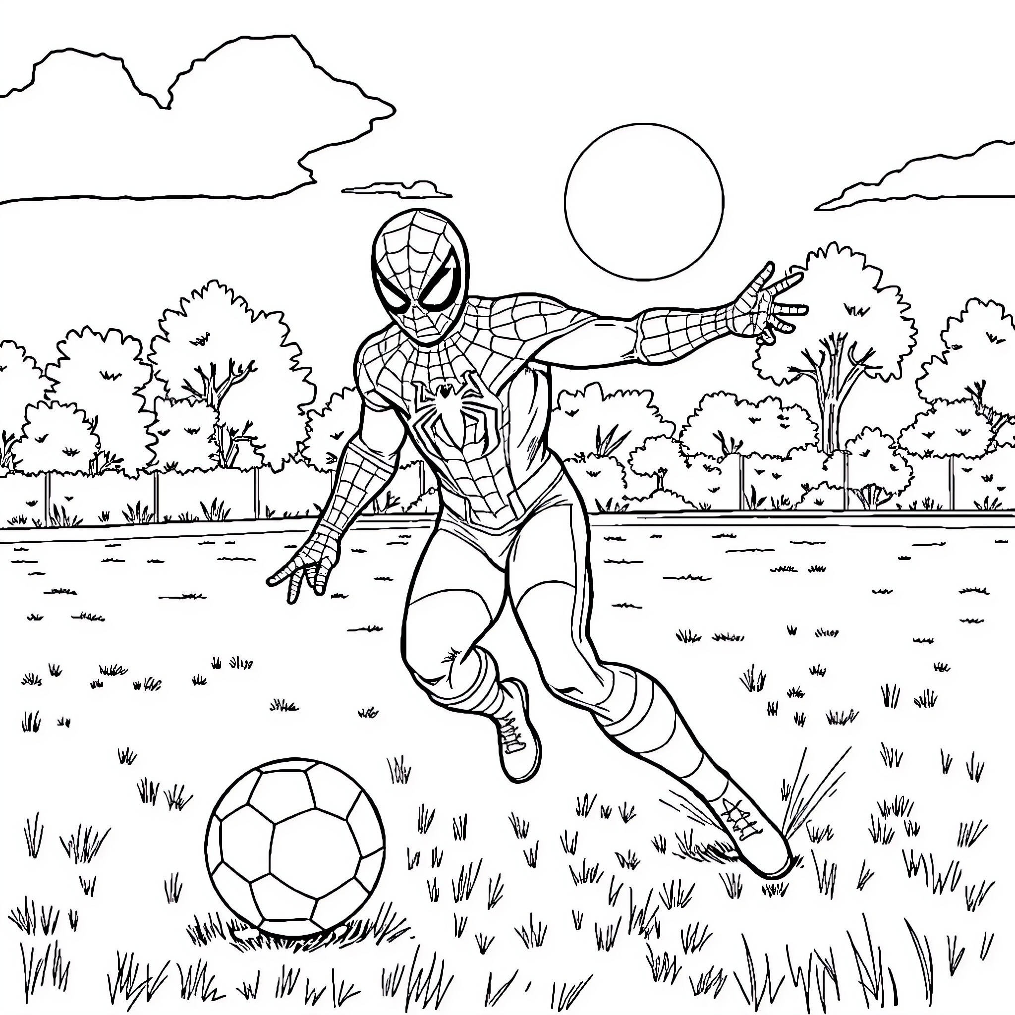 Spiderman playing soccer in the park Coloring Page (free black-and-white line drawing printable PDF for all, from beginners to advanced learners, including children, teens, adults, and seniors)