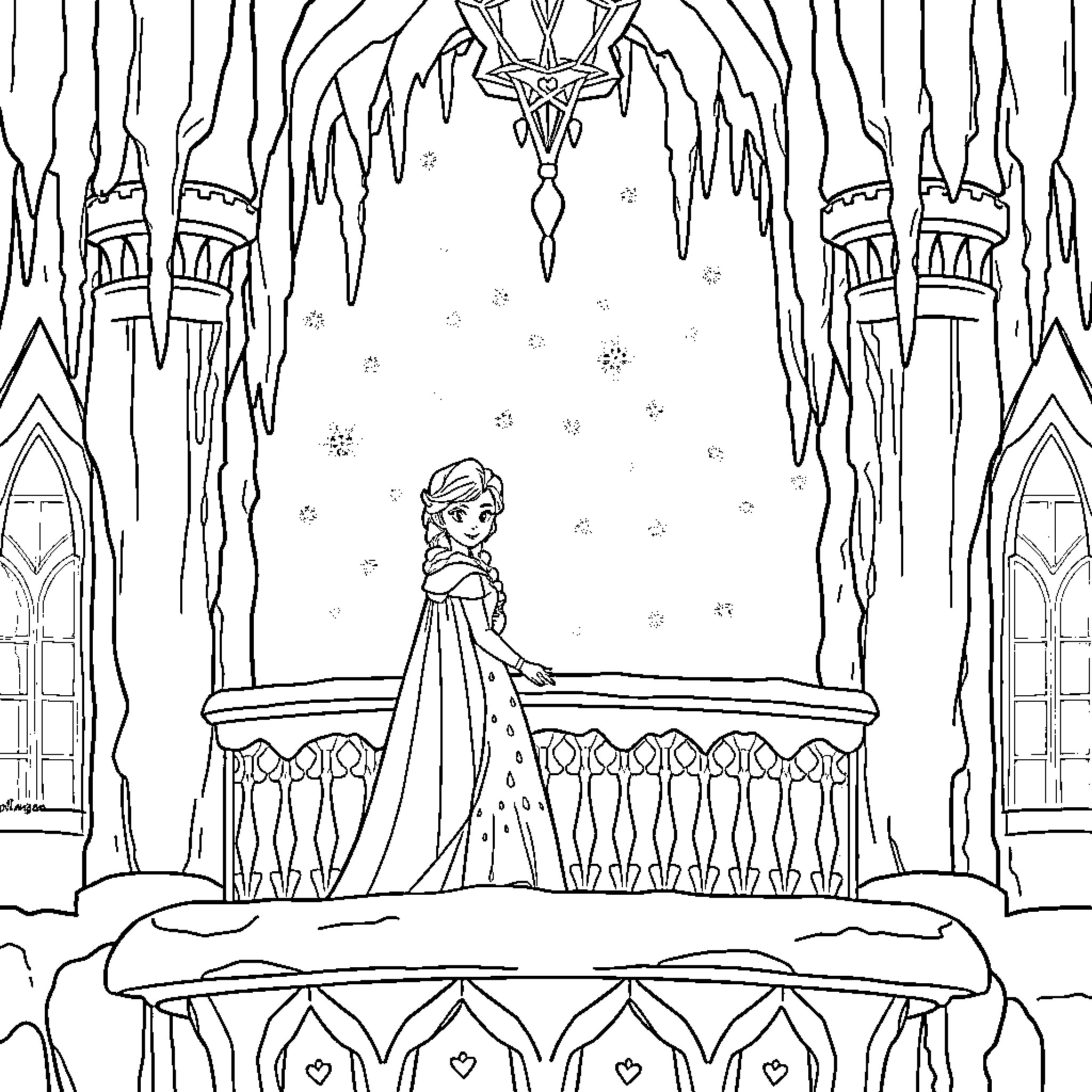 Anna and Elsa in a snowy castle scene Coloring Page (free black-and-white line drawing printable PDF for all, from beginners to advanced learners, including children, teens, adults, and seniors)