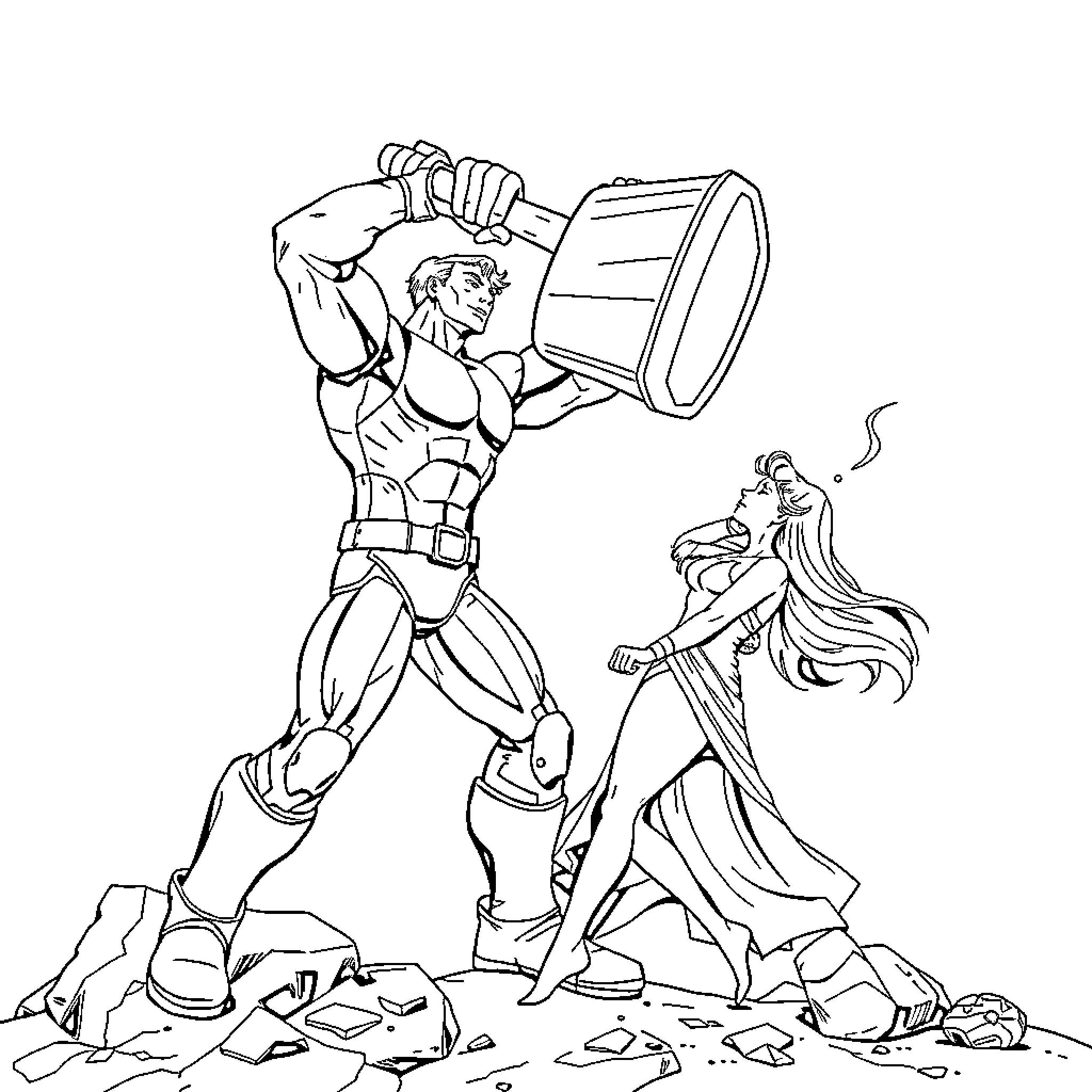 Bolt Man Defeating Foes with Powerful Weapon Coloring Page (free black-and-white line drawing printable PDF for all, from beginners to advanced learners, including children, teens, adults, and seniors)