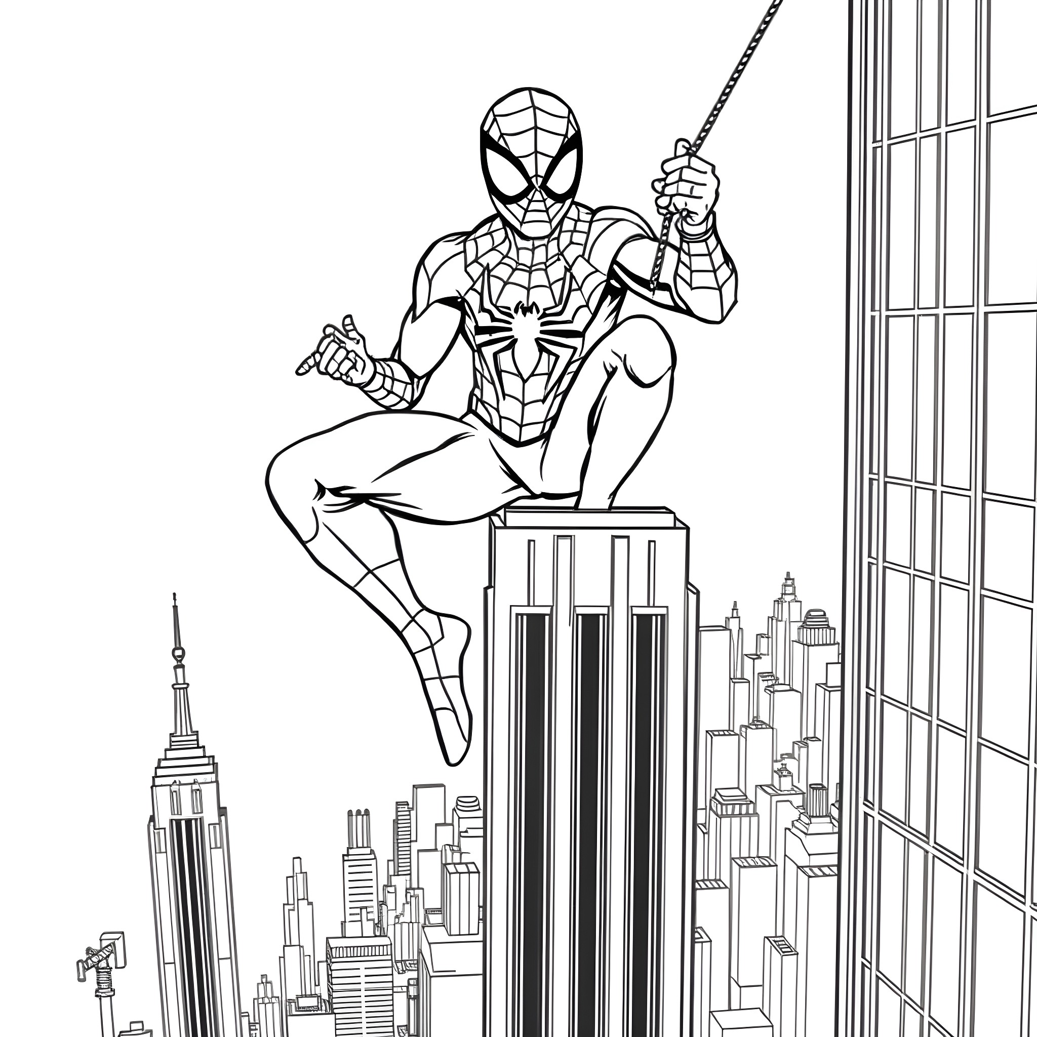 Spider-Man swinging over the city skyline Coloring Page (free black-and-white line drawing printable PDF for all, from beginners to advanced learners, including children, teens, adults, and seniors)