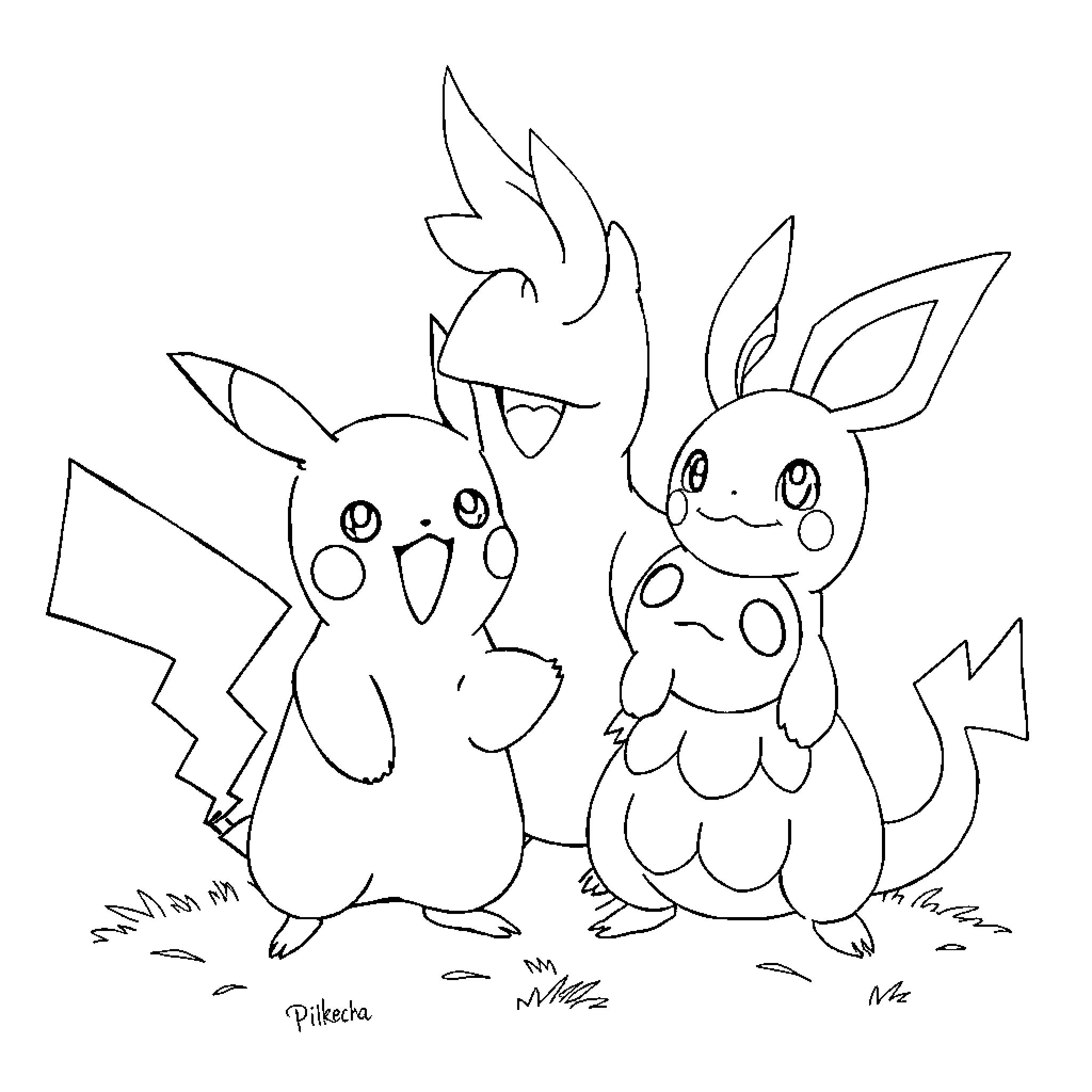 Pokémon Characters in Playful Poses Coloring Page (free black-and-white line drawing printable PDF for all, from beginners to advanced learners, including children, teens, adults, and seniors)