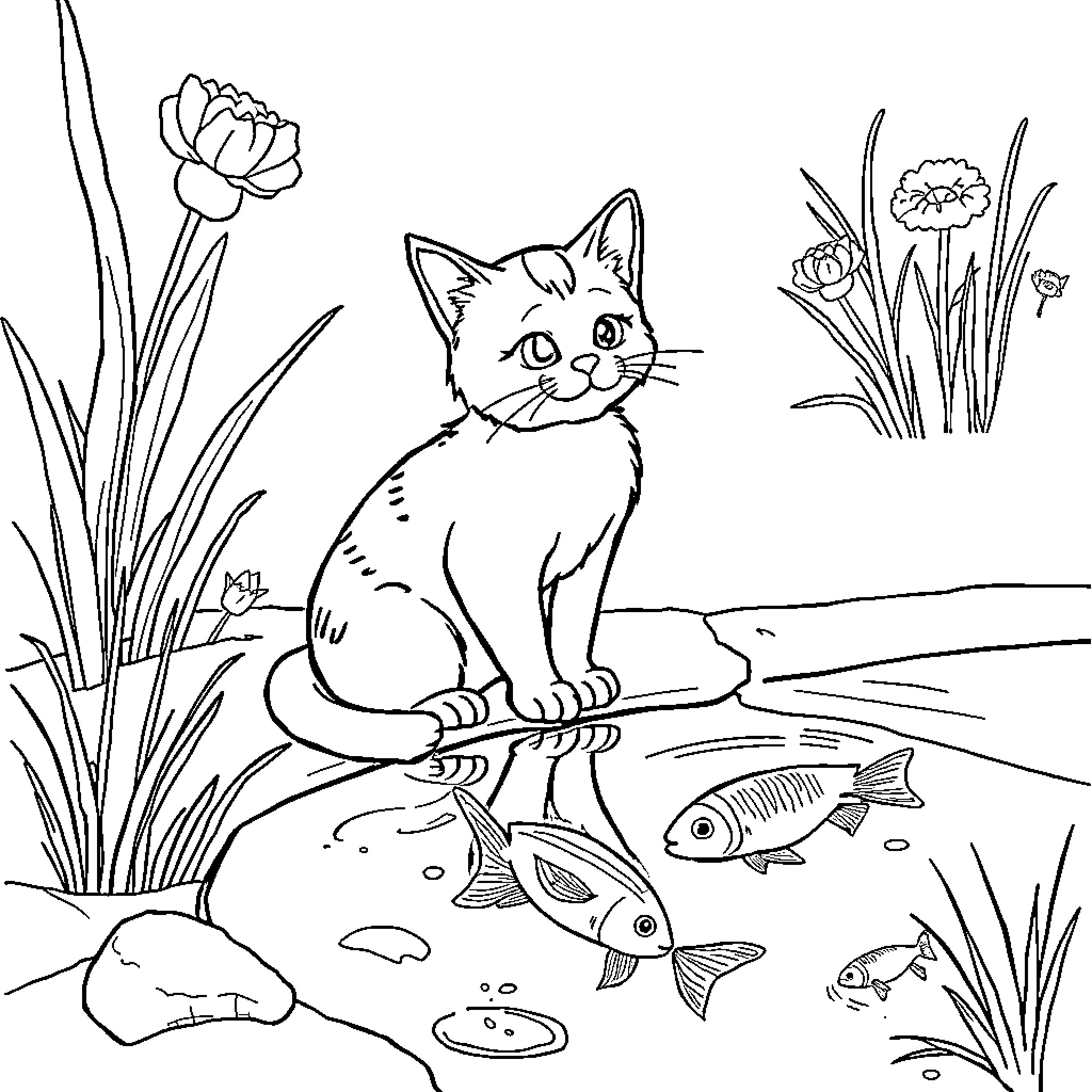 Cat in the Garden with Fish Coloring Page (free black-and-white line drawing printable PDF for all, from beginners to advanced learners, including children, teens, adults, and seniors)